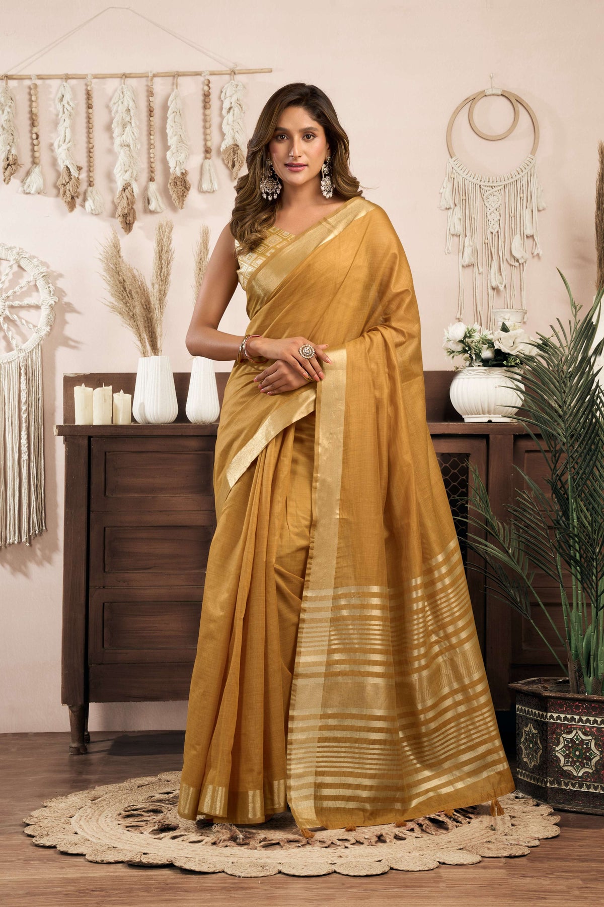 Mustard yellow khadi cotton saree with zari weaving and jhalar