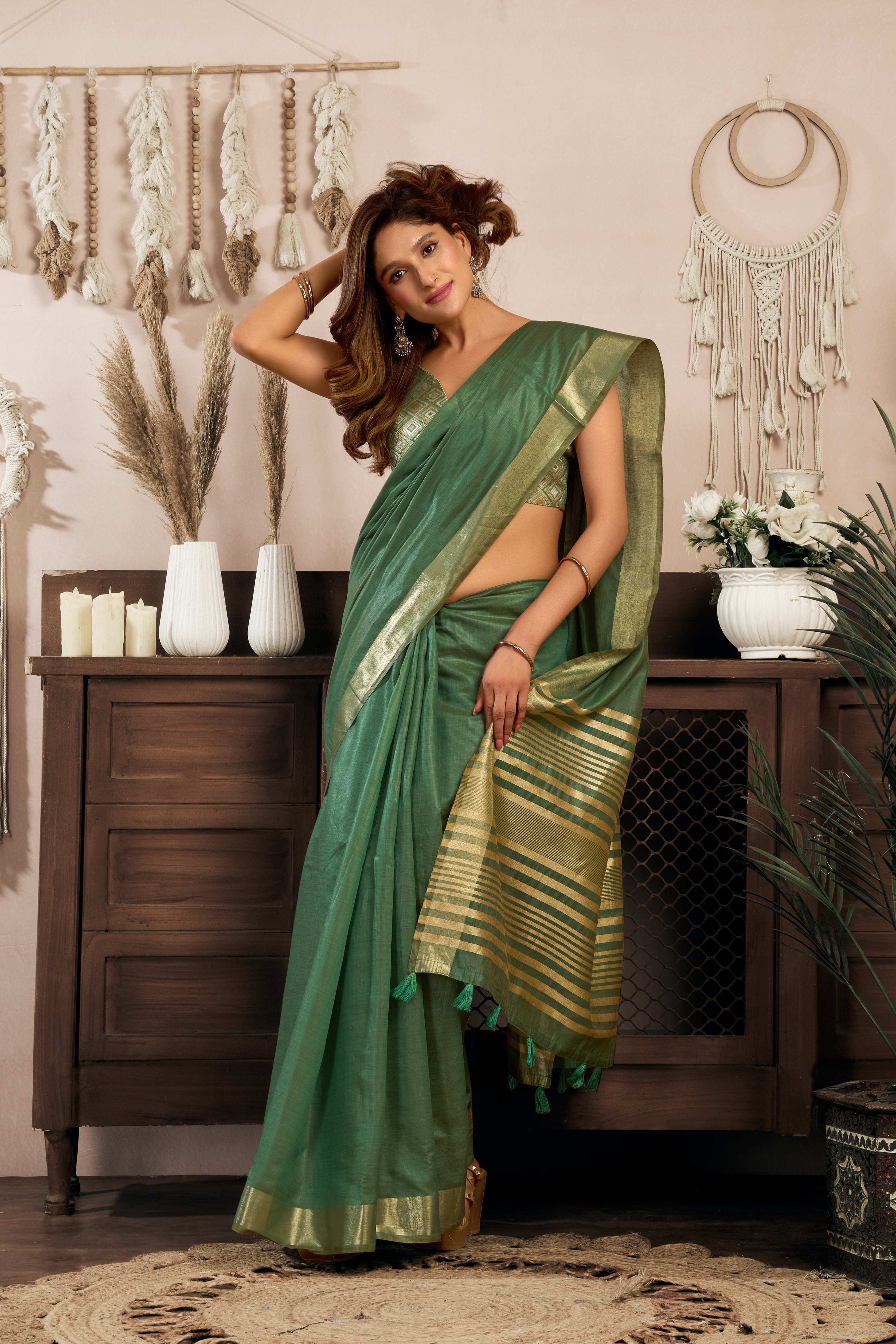 Bottle Green Khadi Cotton Zari Woven Saree with Blouse