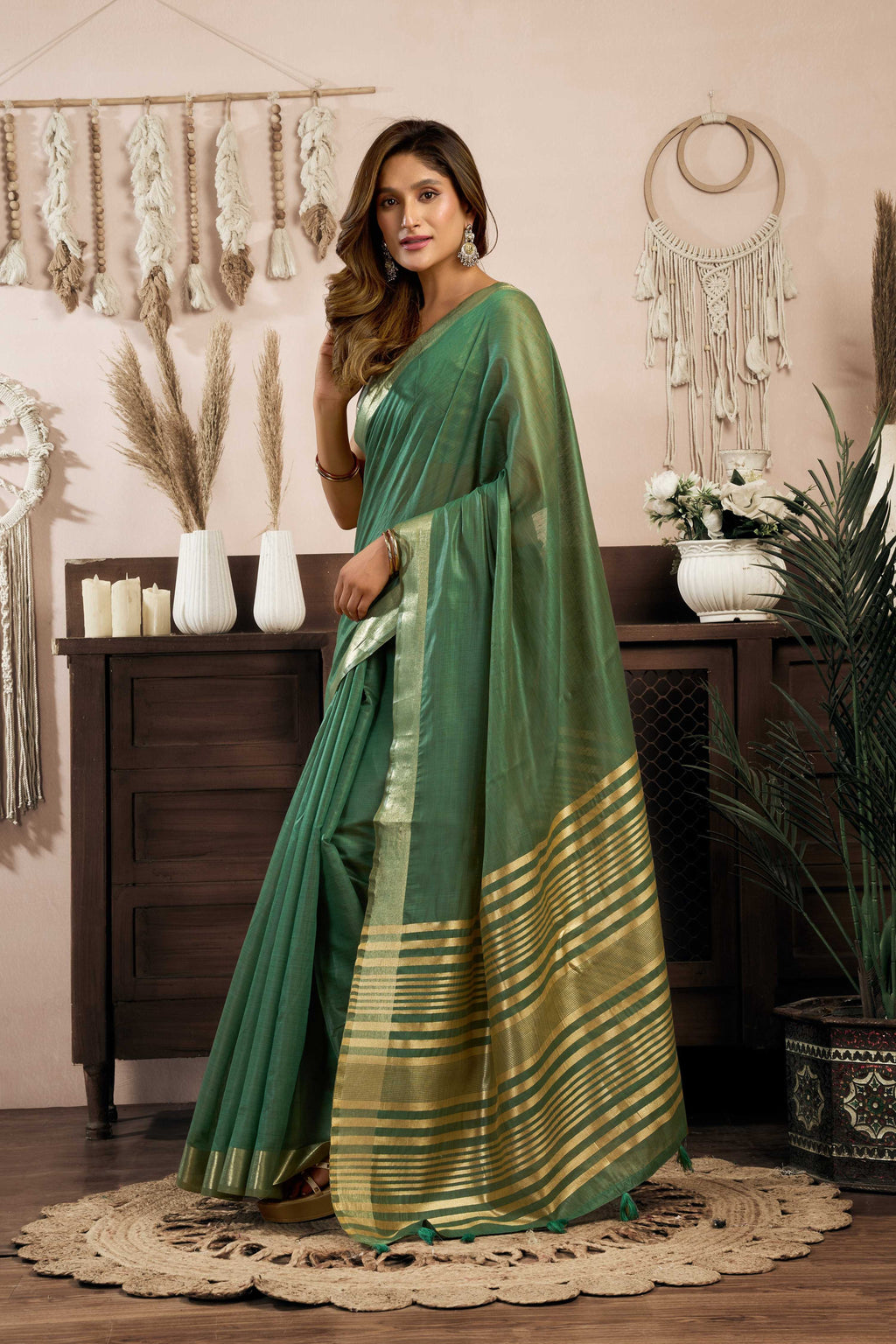 Bottle Green Khadi Cotton Zari Woven Saree with Blouse