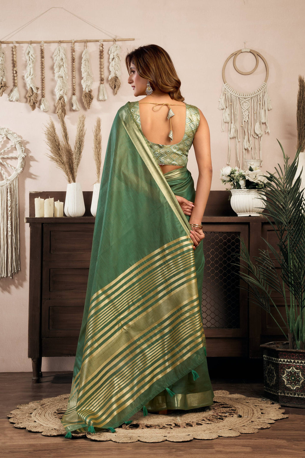 Bottle Green Khadi Cotton Zari Woven Saree with Blouse
