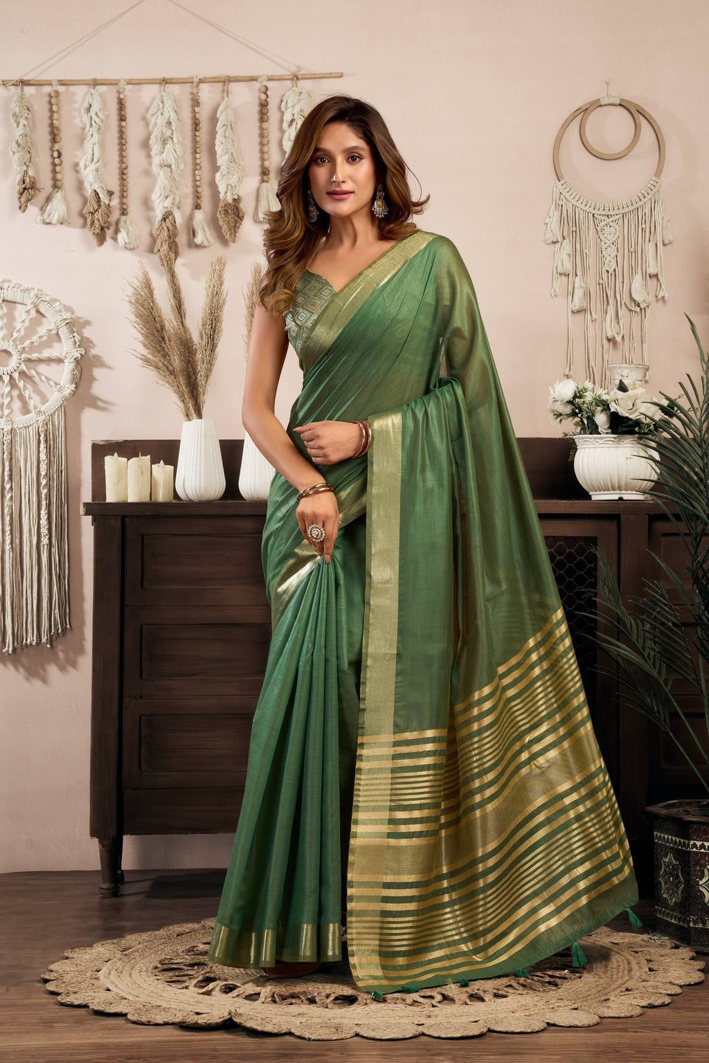 Bottle green khadi cotton saree with zari weaving and jhalar border