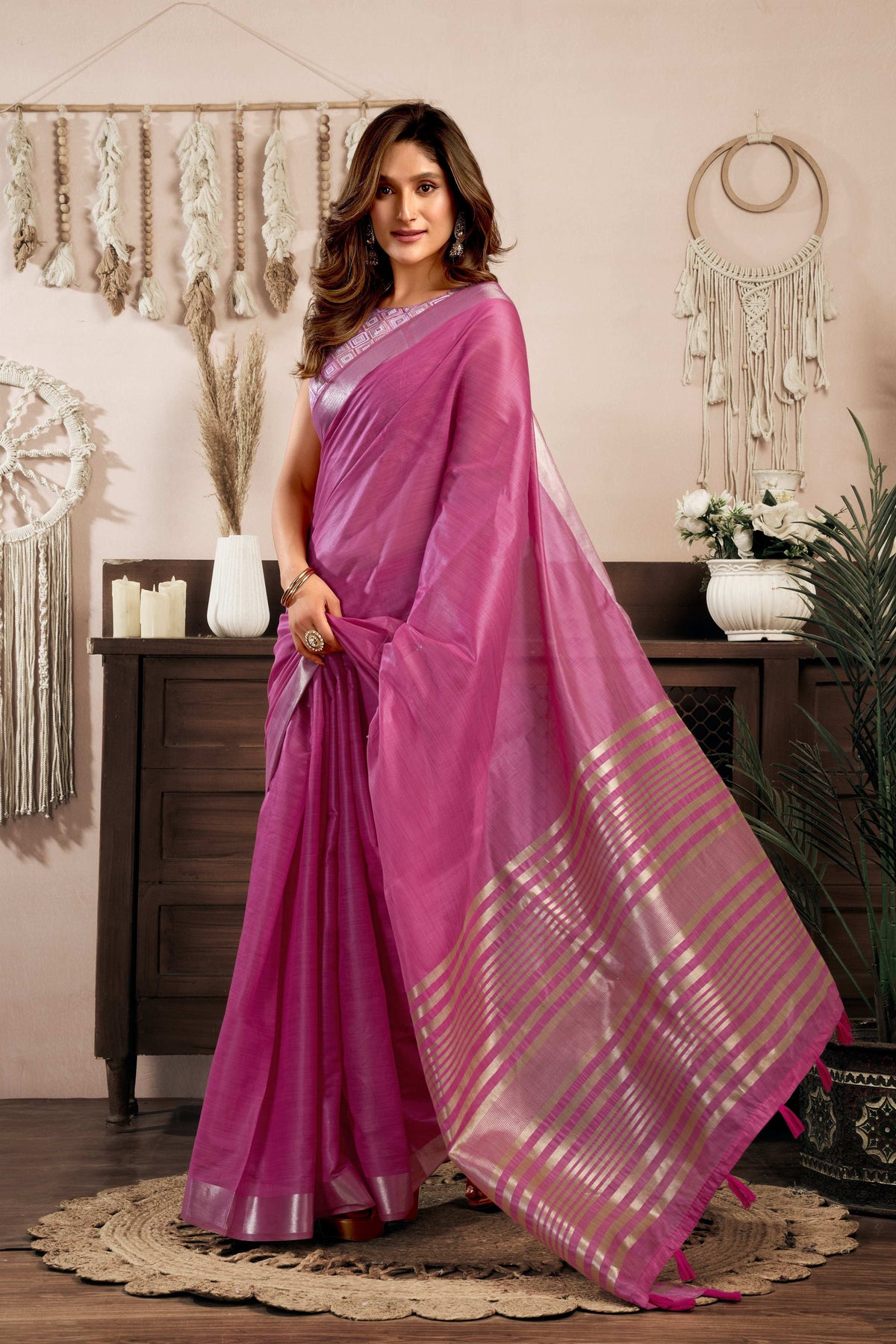 Magenta Khadi Cotton Zari Woven Saree with Jhalar Detail
