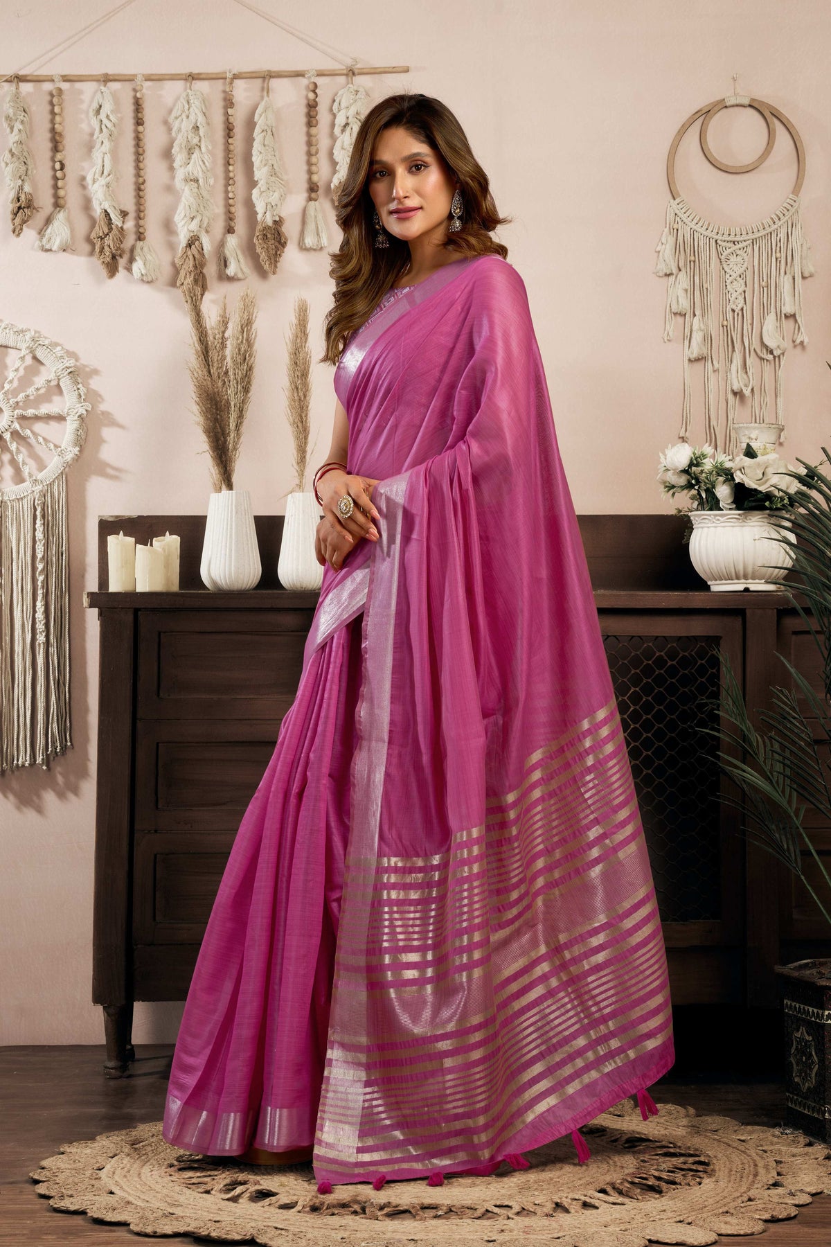 Magenta Khadi Cotton Zari Woven Saree with Jhalar Detail
