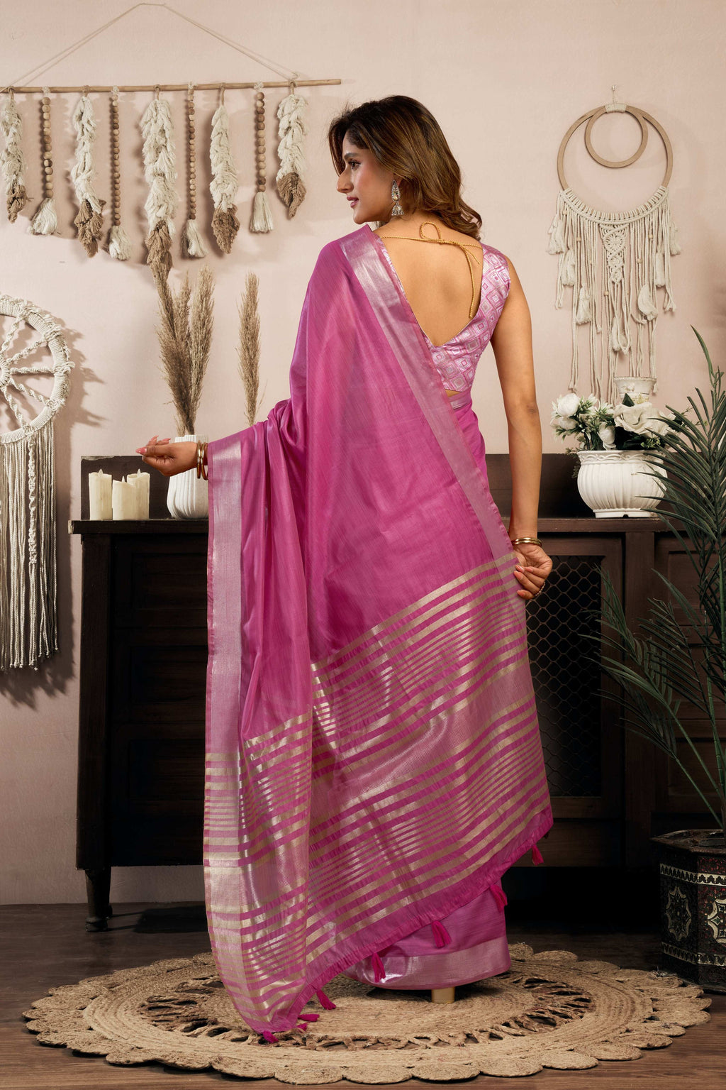 Magenta Khadi Cotton Zari Woven Saree with Jhalar Detail
