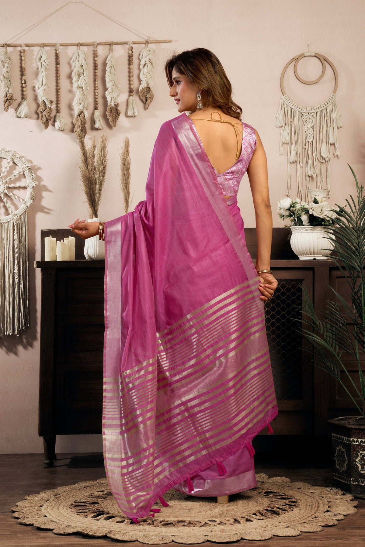 Magenta Khadi Cotton Zari Woven Saree with Jhalar Detail