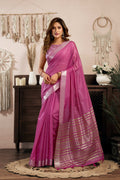 Magenta khadi cotton saree with metallic zari woven detailing and jhalar border.
