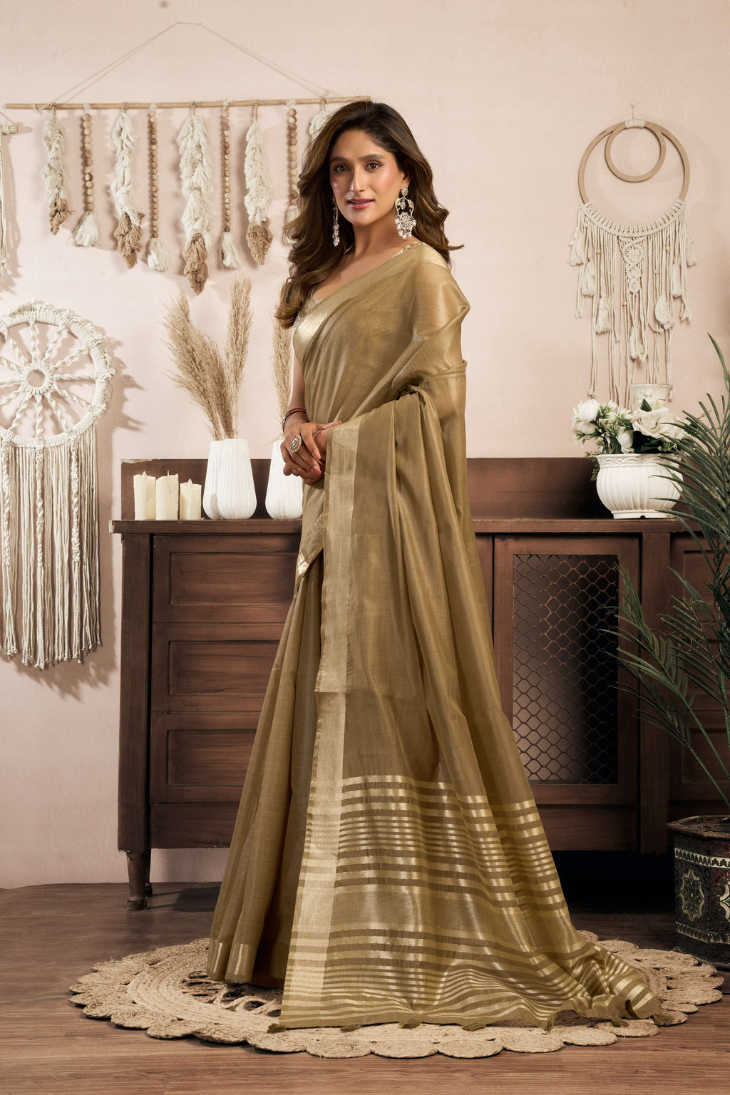 Beige Khadi Cotton Zari Woven Saree with Matching Blouse
