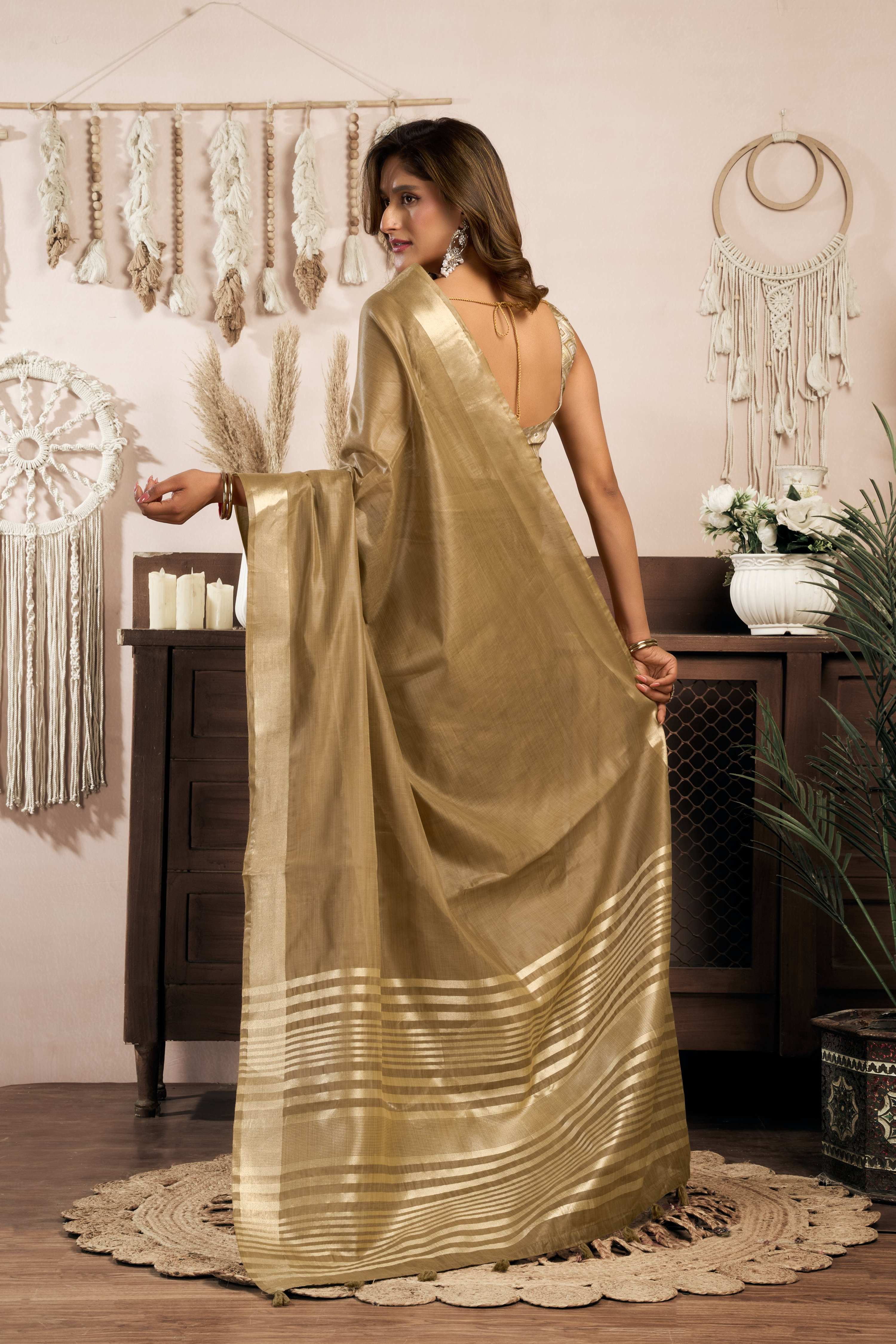 Beige Khadi Cotton Zari Woven Saree with Matching Blouse