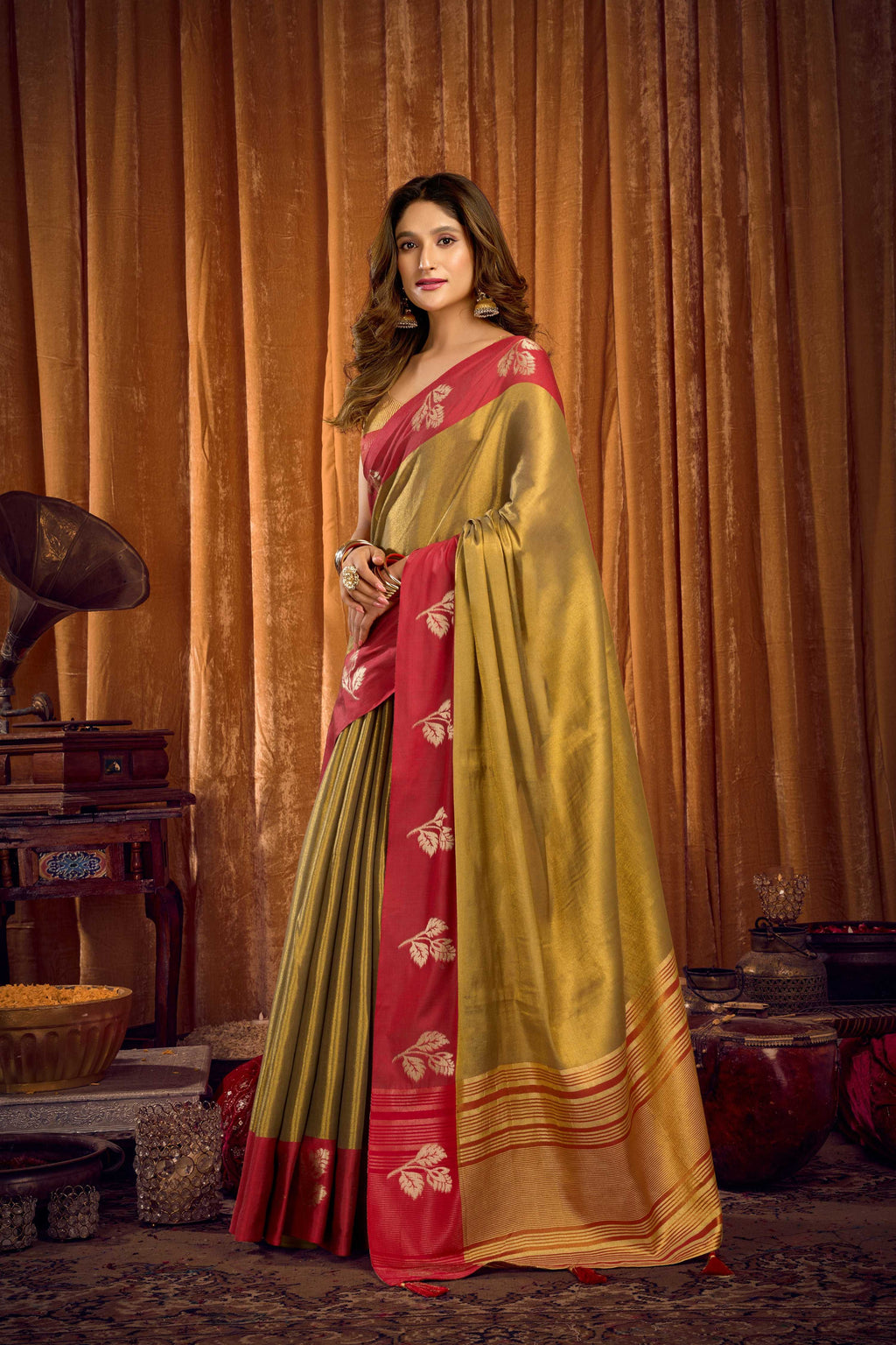 Mehendi Soft Tissue Zari Woven Saree with Matching Blouse