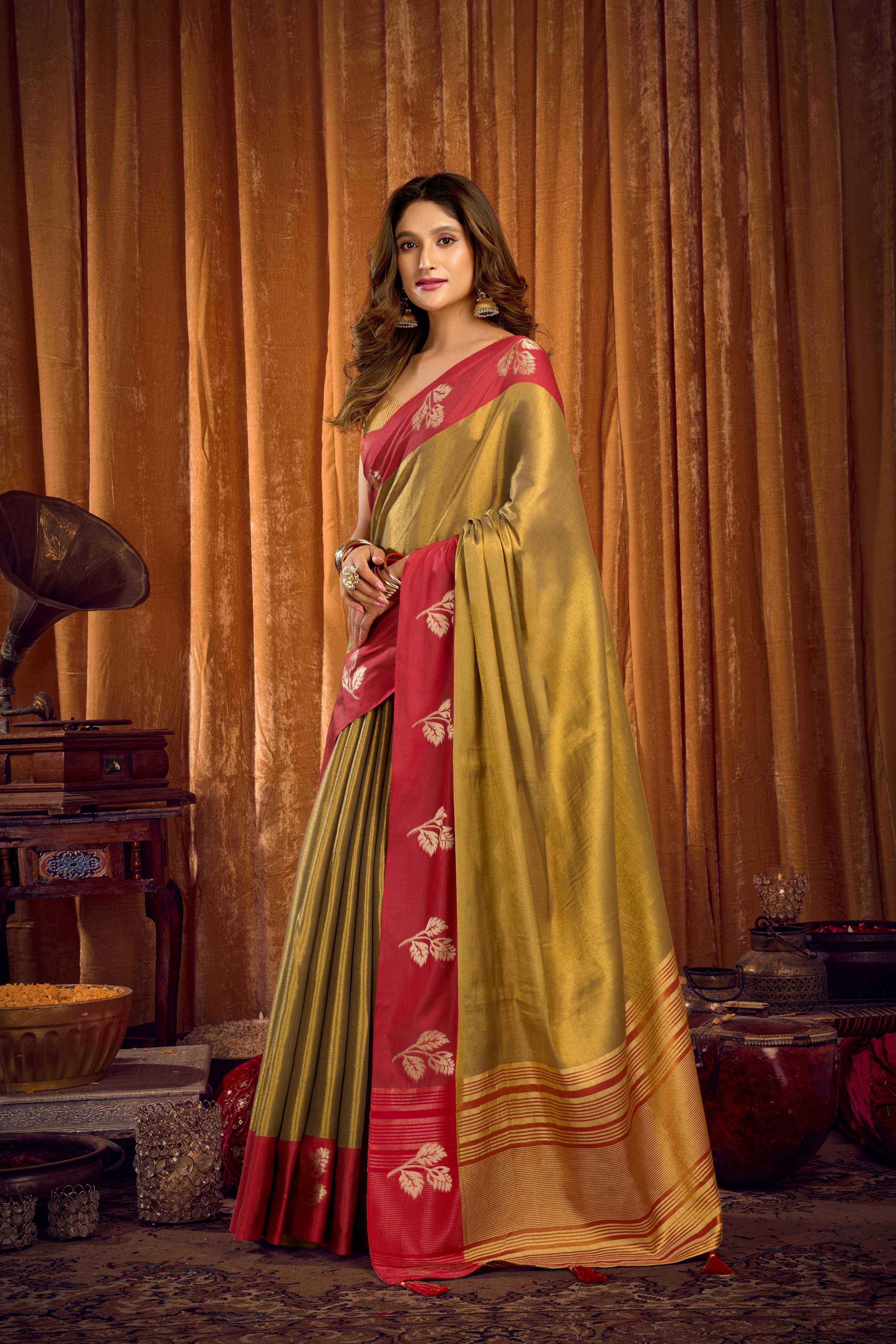 Mehendi Soft Tissue Zari Woven Saree with Matching Blouse