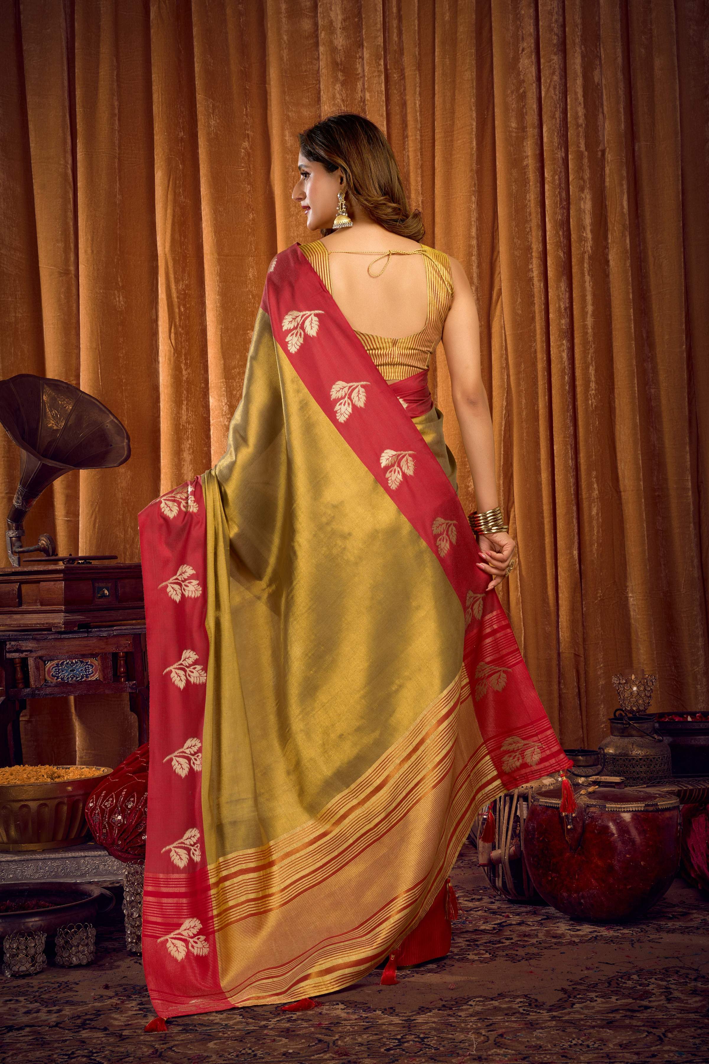 Mehendi Soft Tissue Zari Woven Saree with Matching Blouse