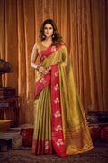 Mehendi soft tissue Zari woven saree featuring Jhalar work with matching blouse fabric