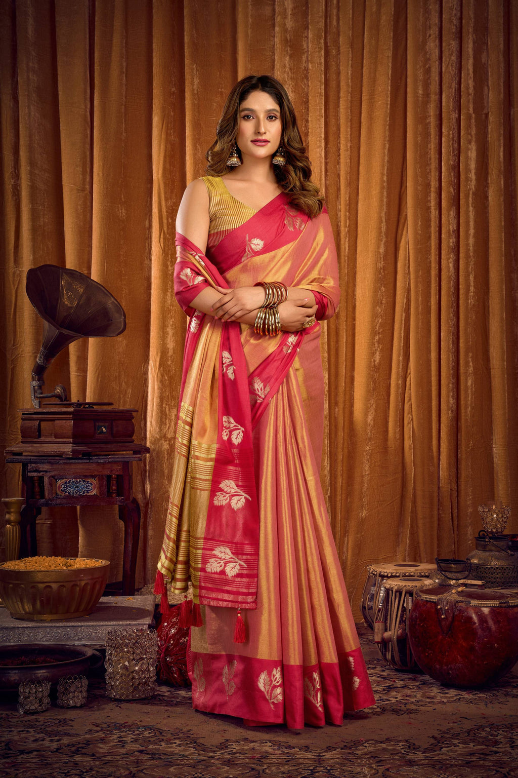 Peach Soft Tissue Zari Woven Saree with Matching Blouse