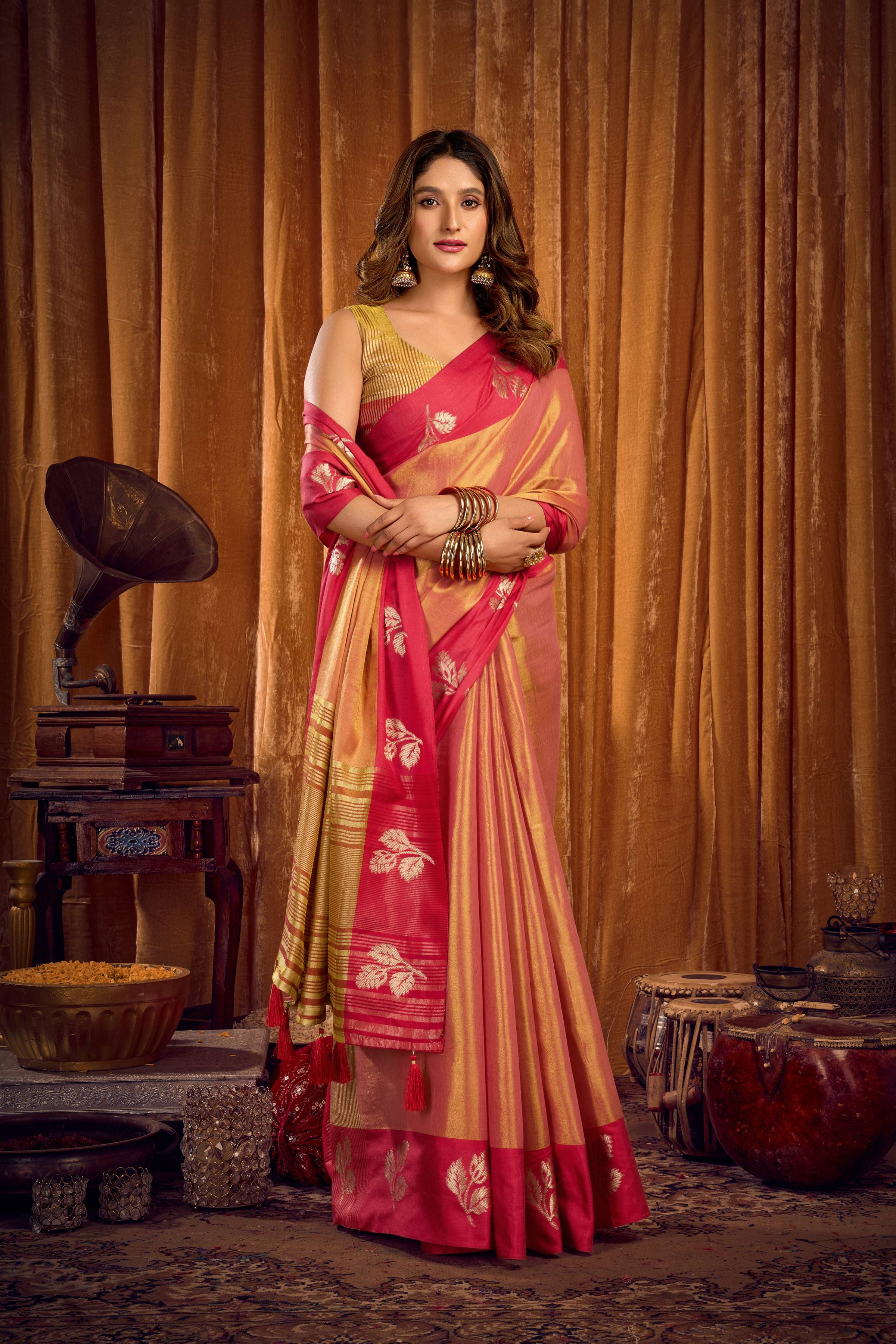 Peach Soft Tissue Zari Woven Saree with Matching Blouse