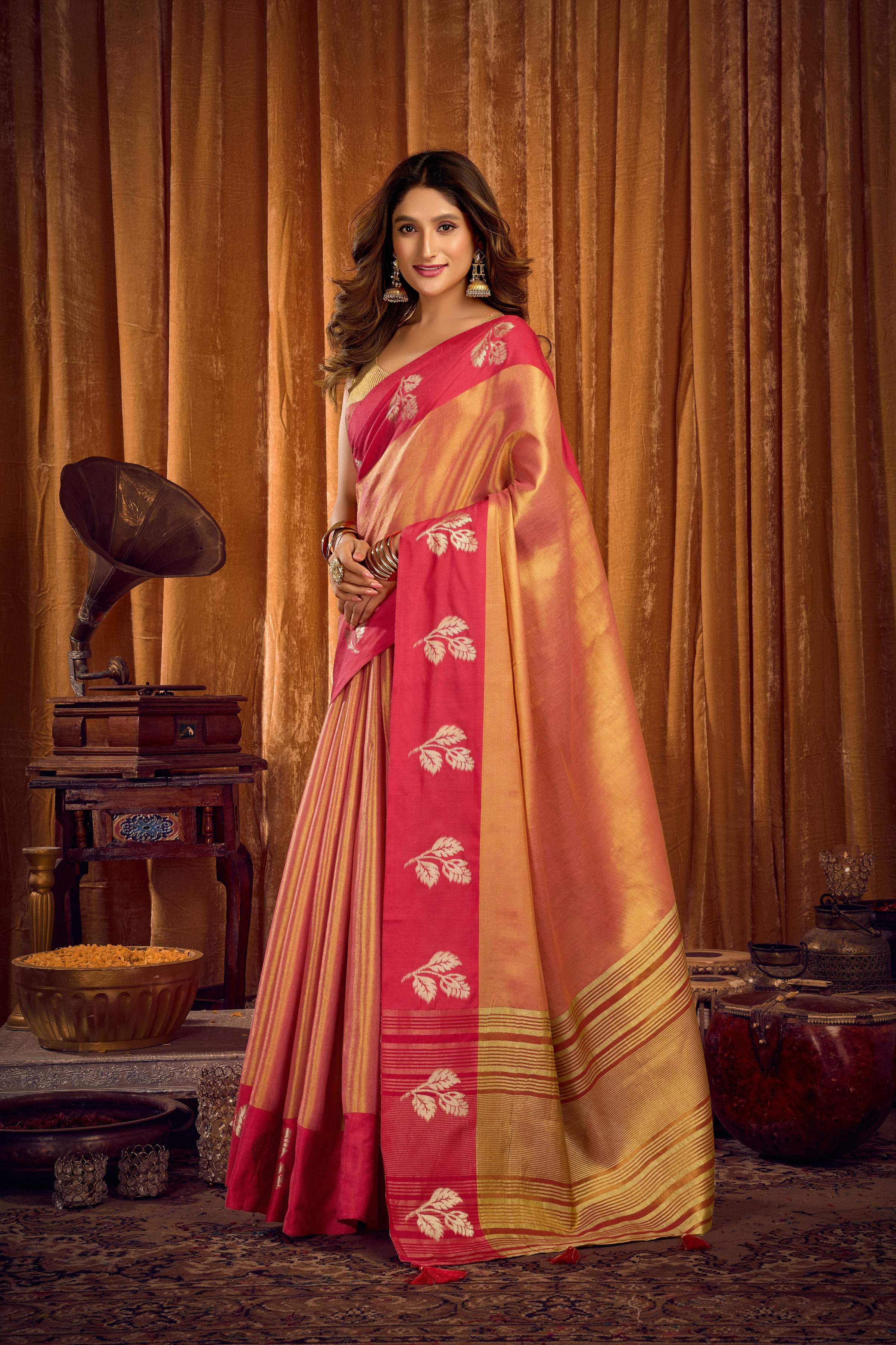Peach Soft Tissue Zari Woven Saree with Matching Blouse