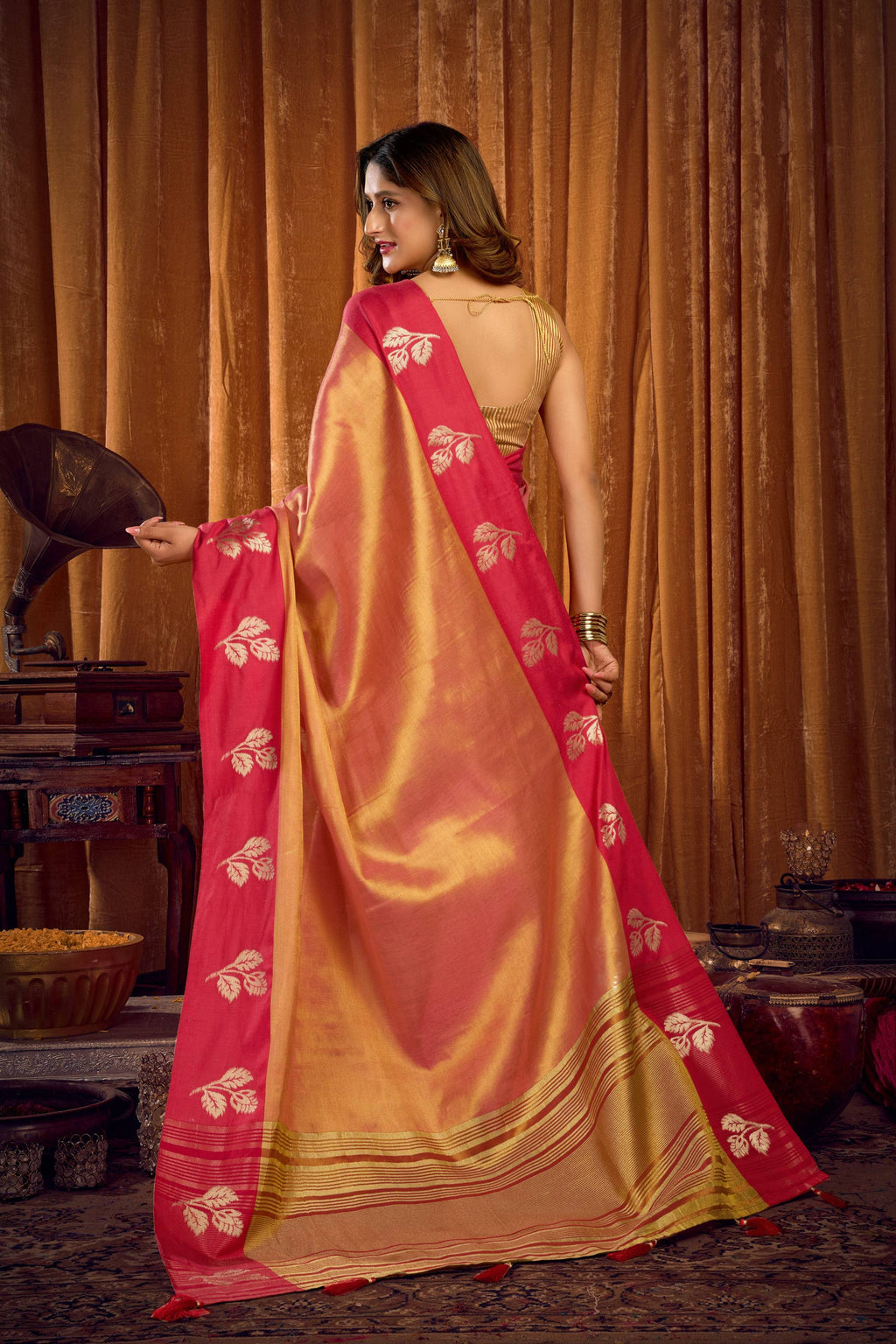 Peach Soft Tissue Zari Woven Saree with Matching Blouse
