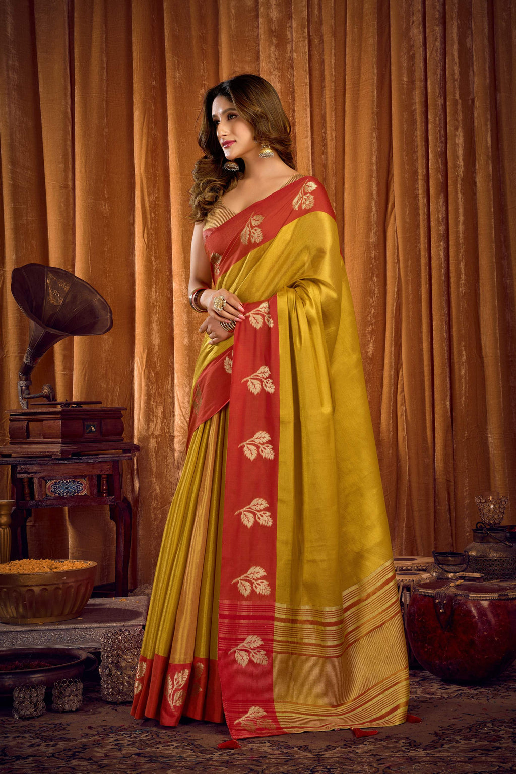 Parrot Green Soft Tissue Zari Woven Saree with Unstitched Blouse