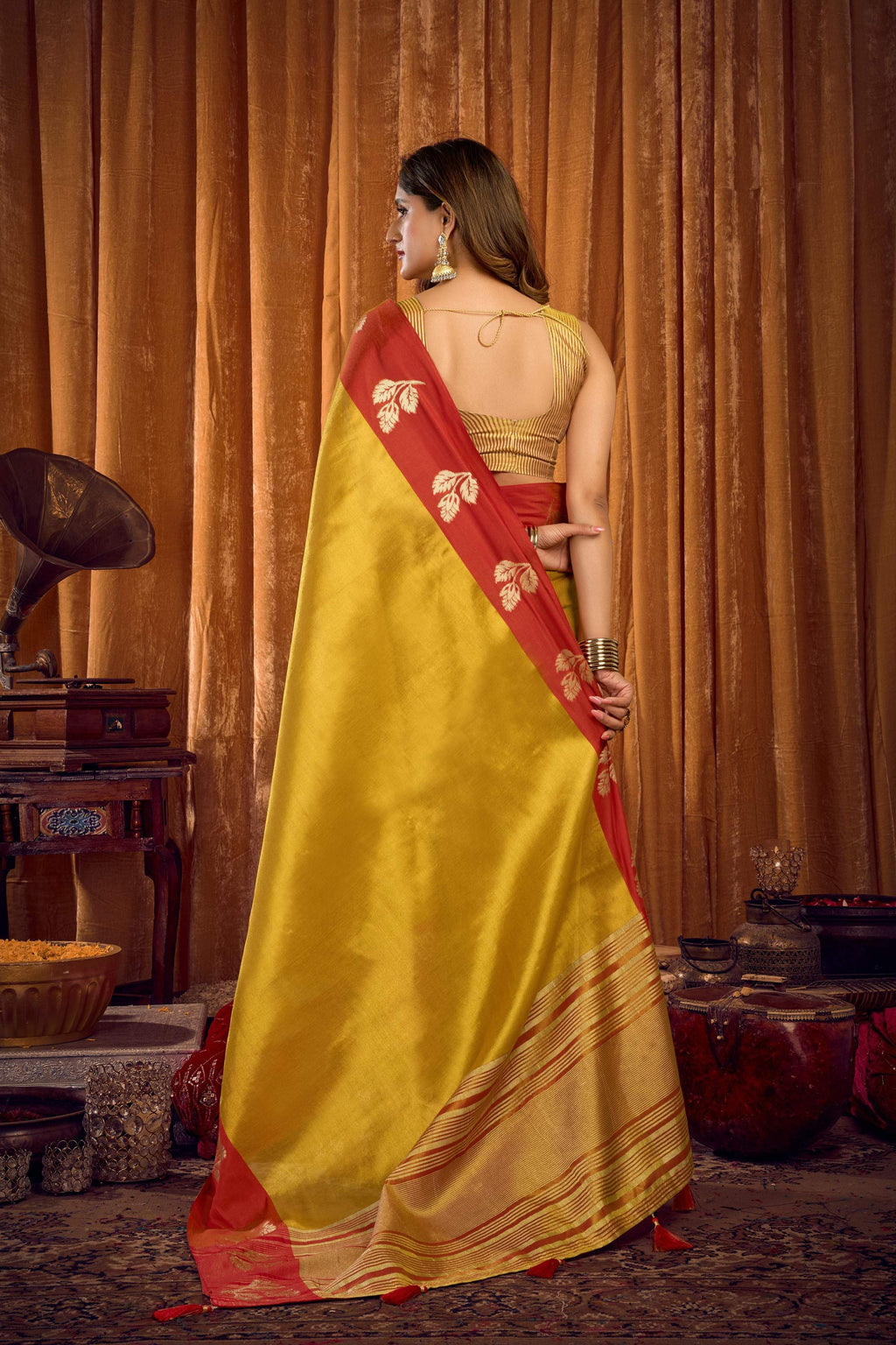 Parrot Green Soft Tissue Zari Woven Saree with Unstitched Blouse