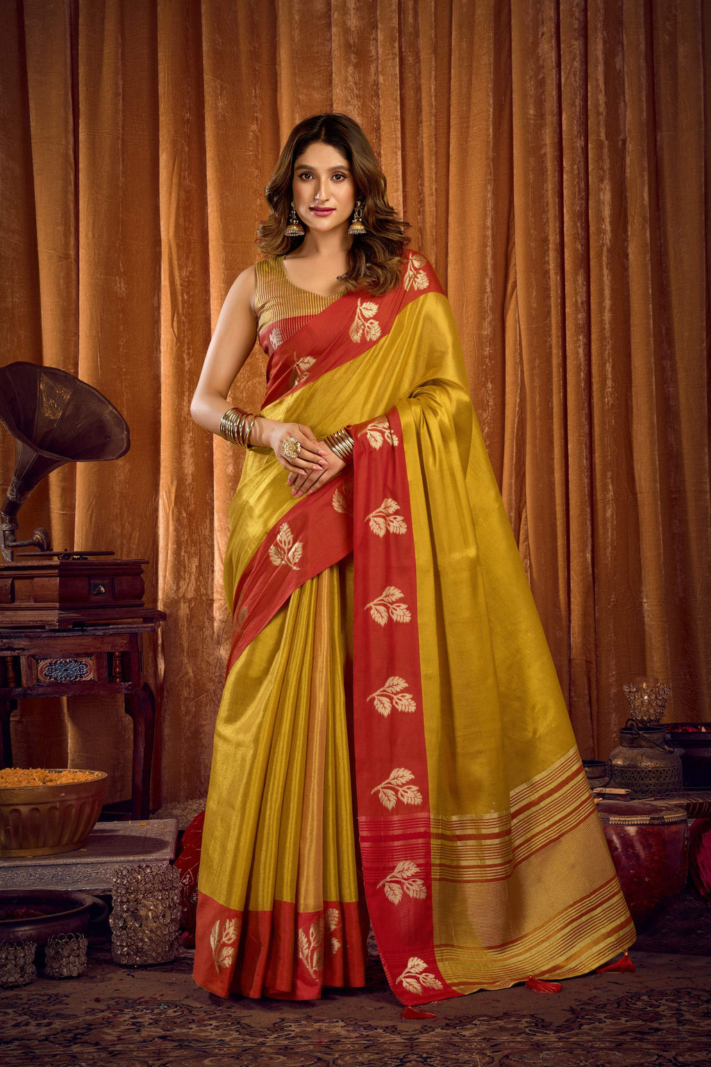Parrot Green Soft Tissue Zari Woven Saree with detailed zari border and matching unstitched blouse