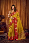Parrot Green Soft Tissue Zari Woven Saree with detailed zari border and matching unstitched blouse