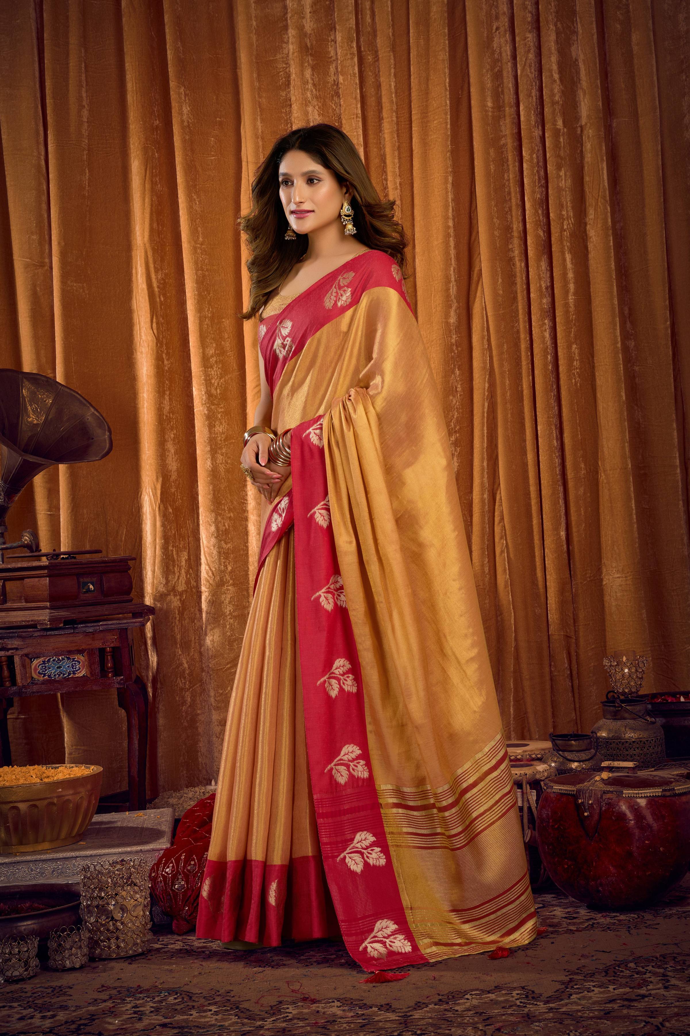 Beige Soft Tissue Zari Woven Saree with Matching Blouse