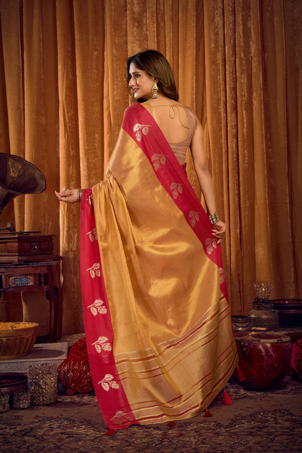 Beige Soft Tissue Zari Woven Saree with Matching Blouse