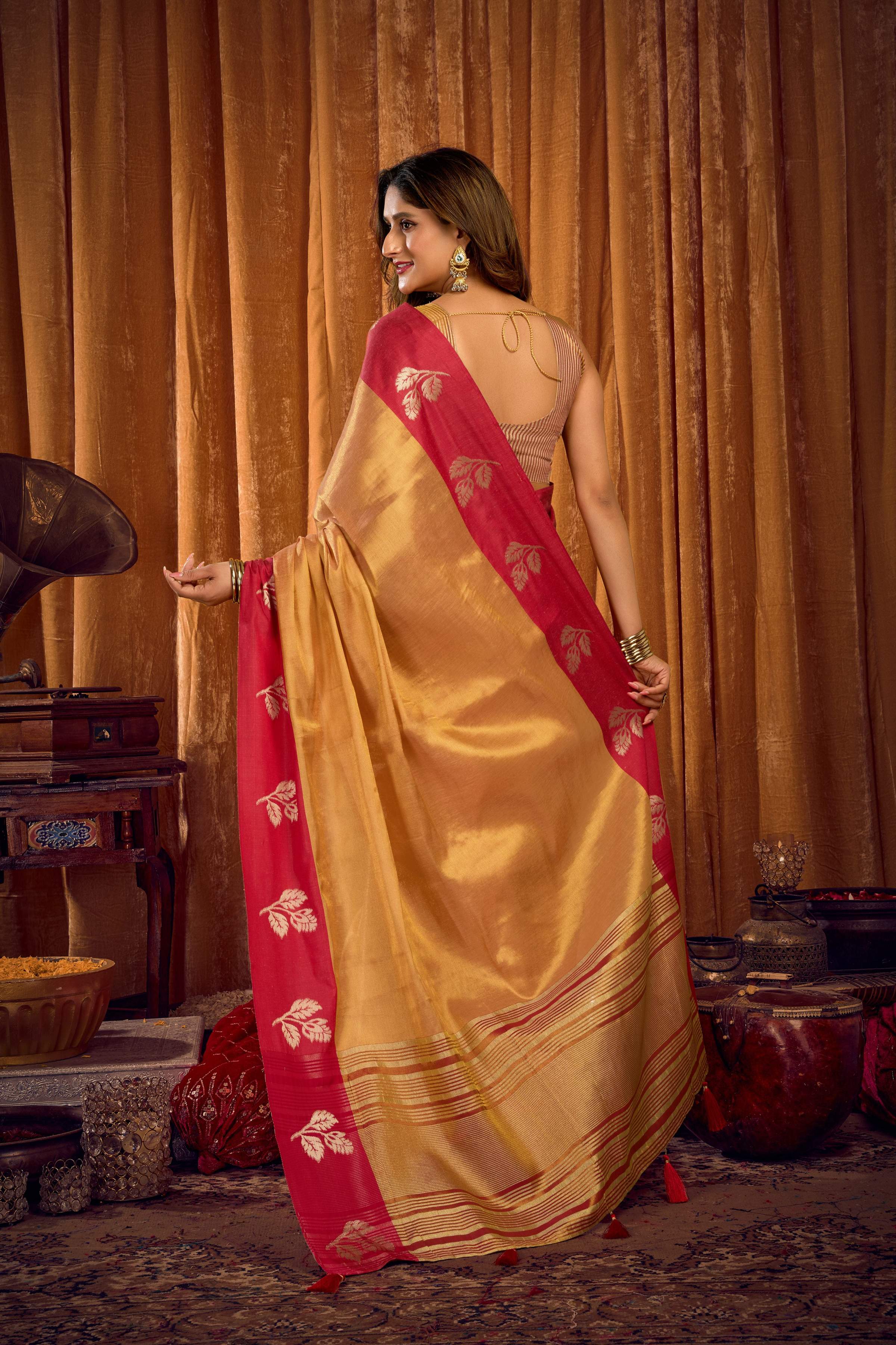 Beige Soft Tissue Zari Woven Saree with Matching Blouse