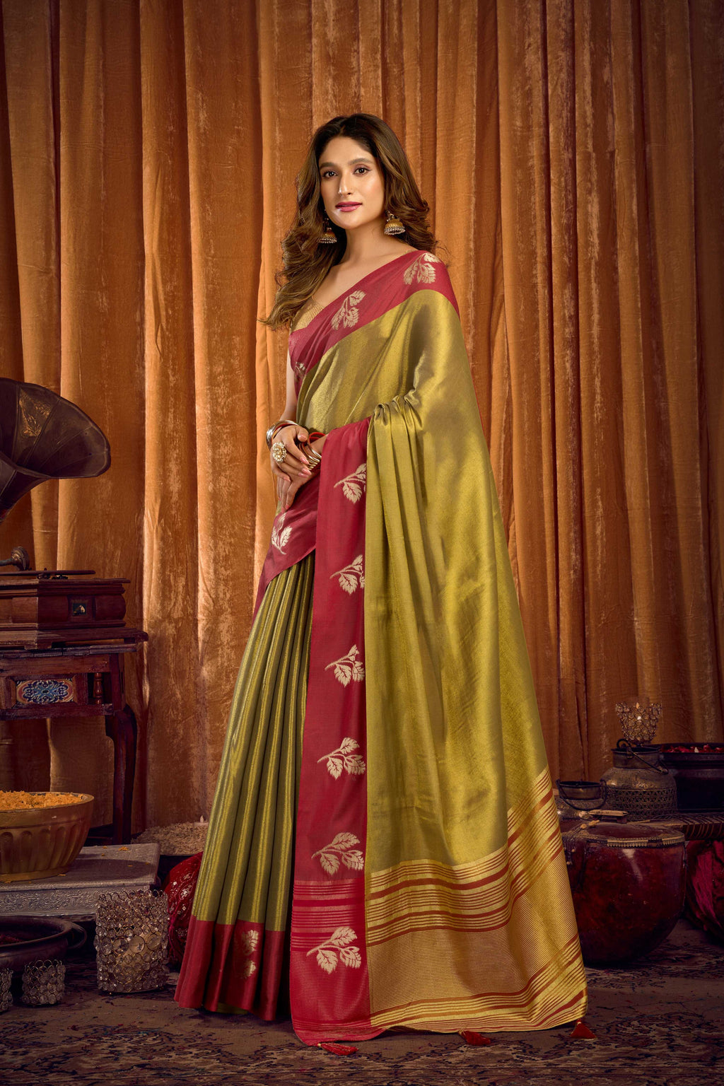 Mehendi Soft Tissue Zari Woven Saree with Blouse Piece