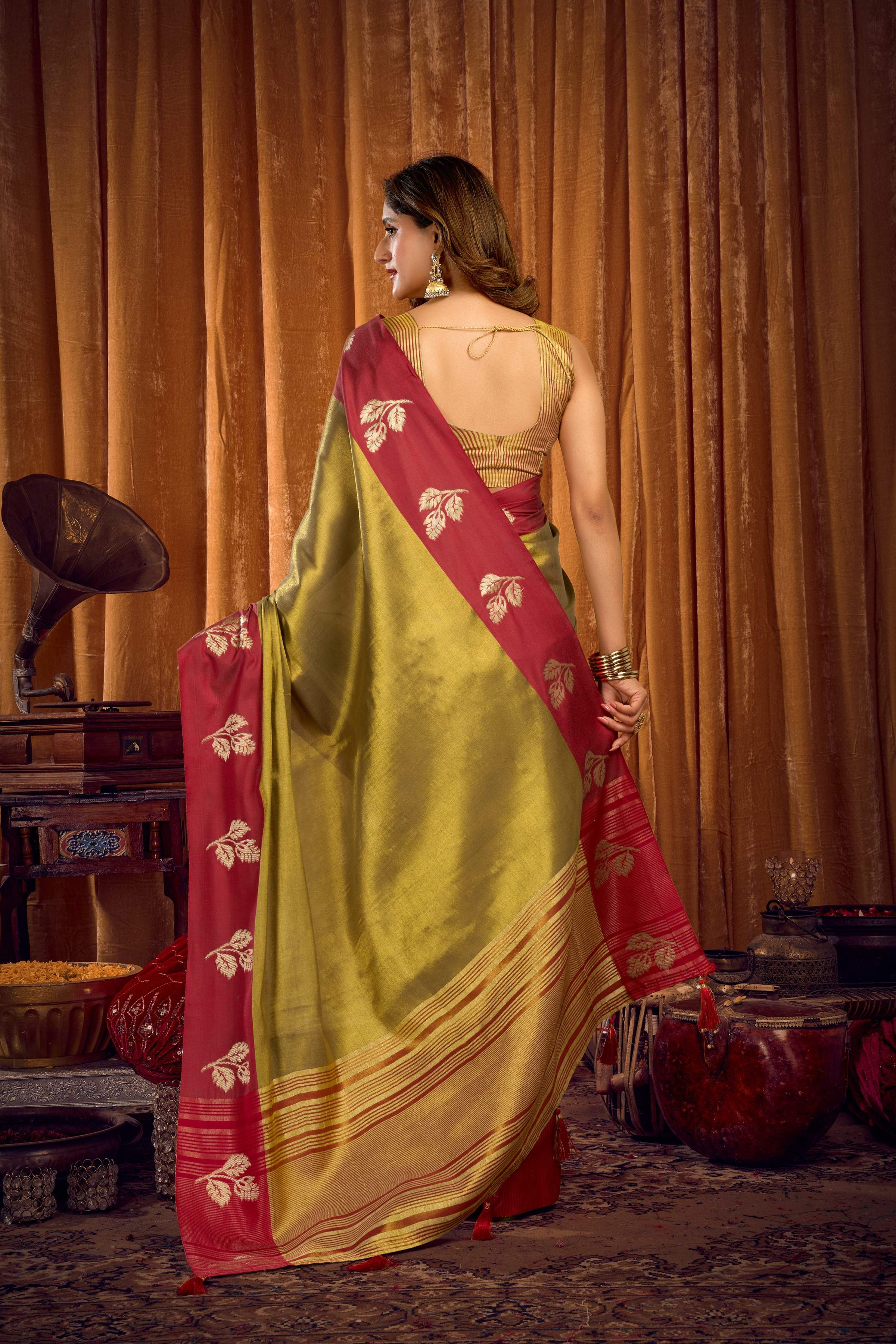 Mehendi Soft Tissue Zari Woven Saree with Blouse Piece
