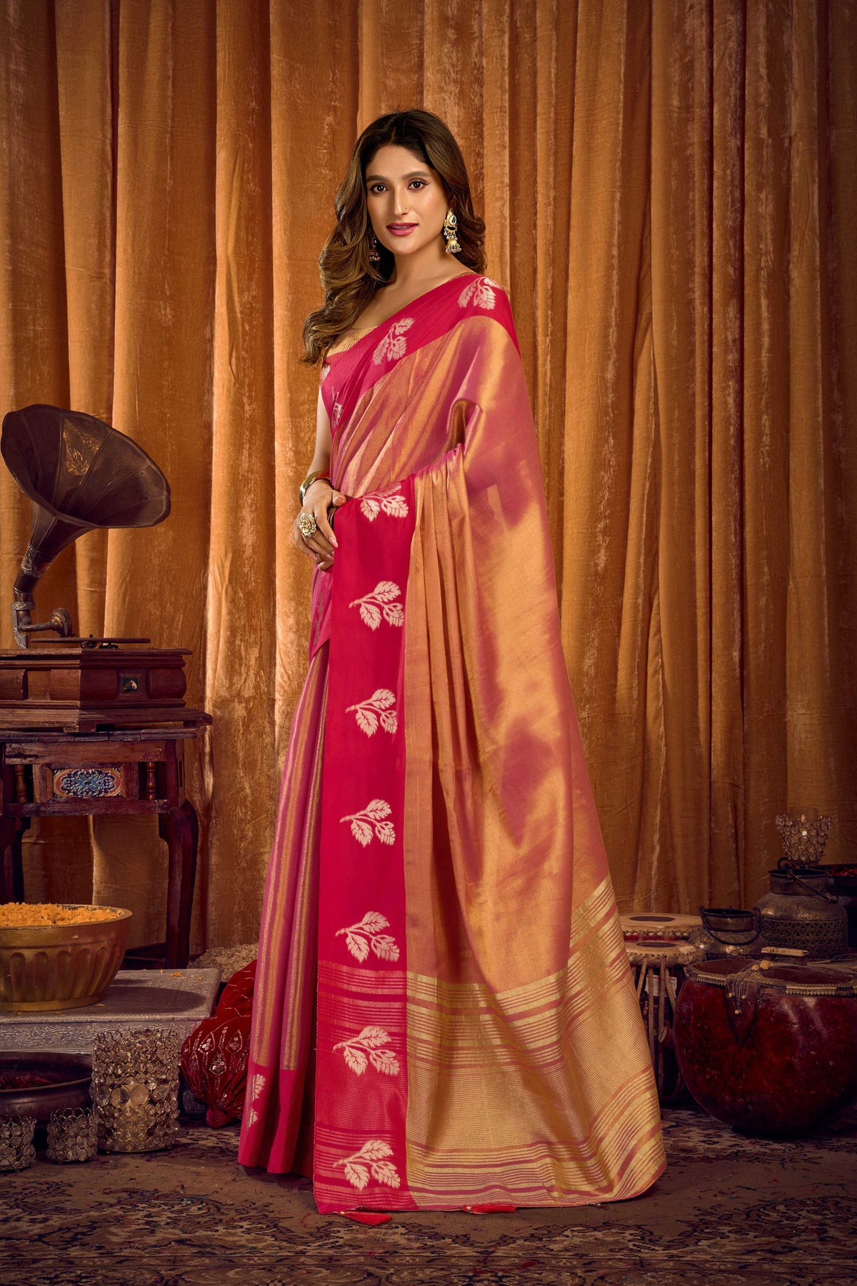Pink Soft Tissue Zari Woven Saree with Matching Blouse Piece