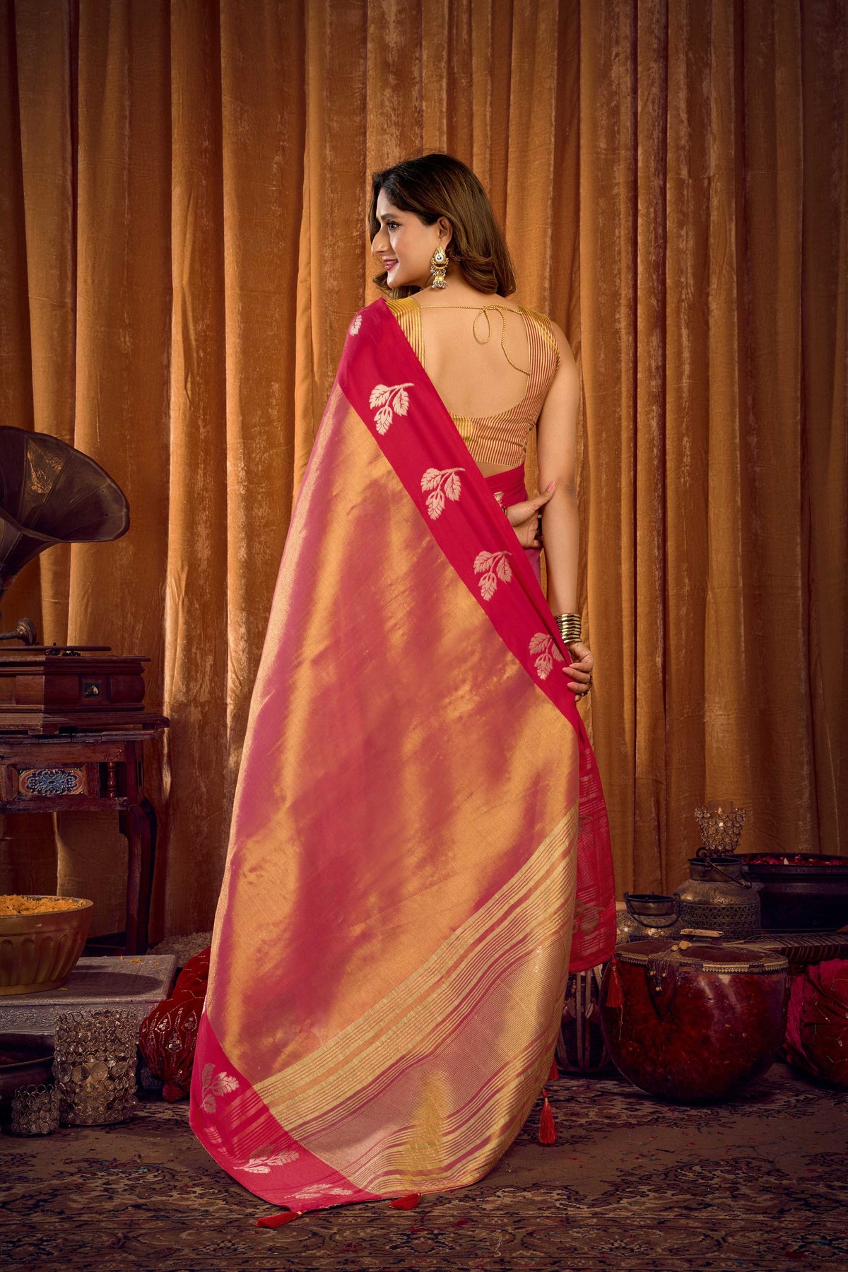 Pink Soft Tissue Zari Woven Saree with Matching Blouse Piece