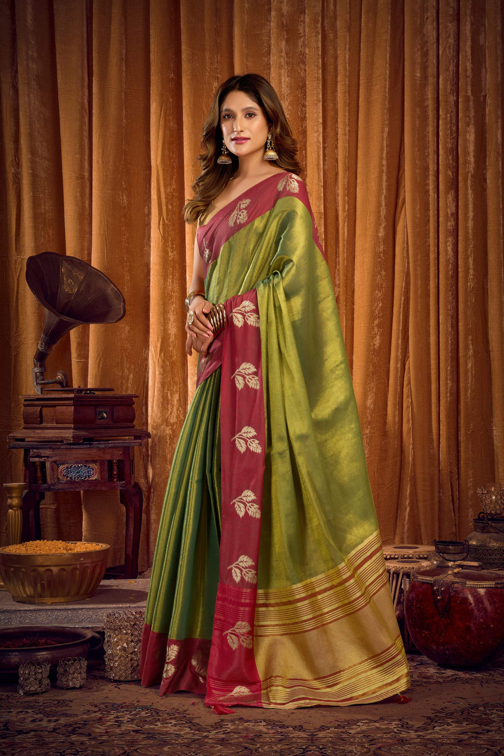 Green Soft Tissue Zari Woven Saree with Matching Blouse Piece