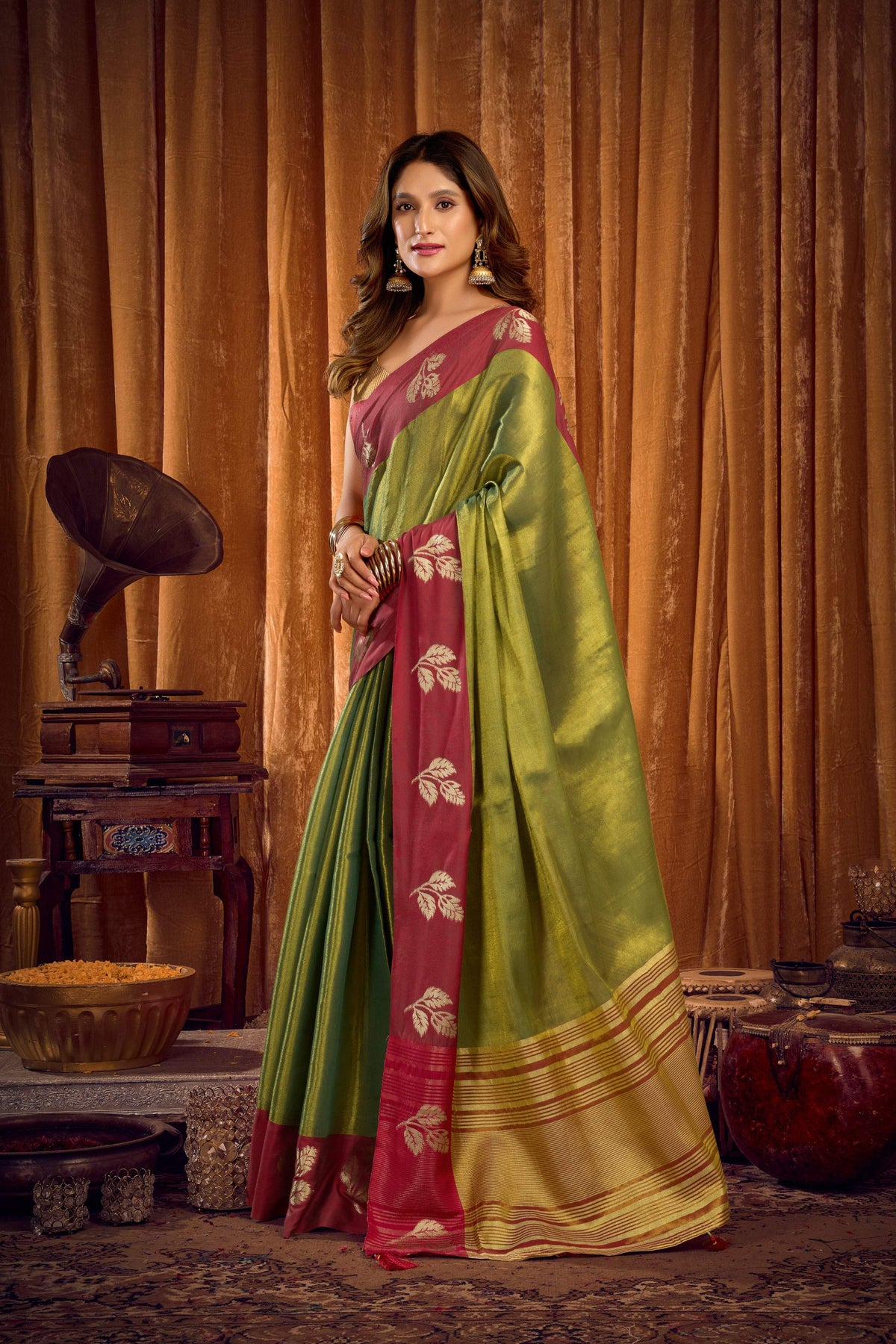Green Soft Tissue Zari Woven Saree with Matching Blouse Piece