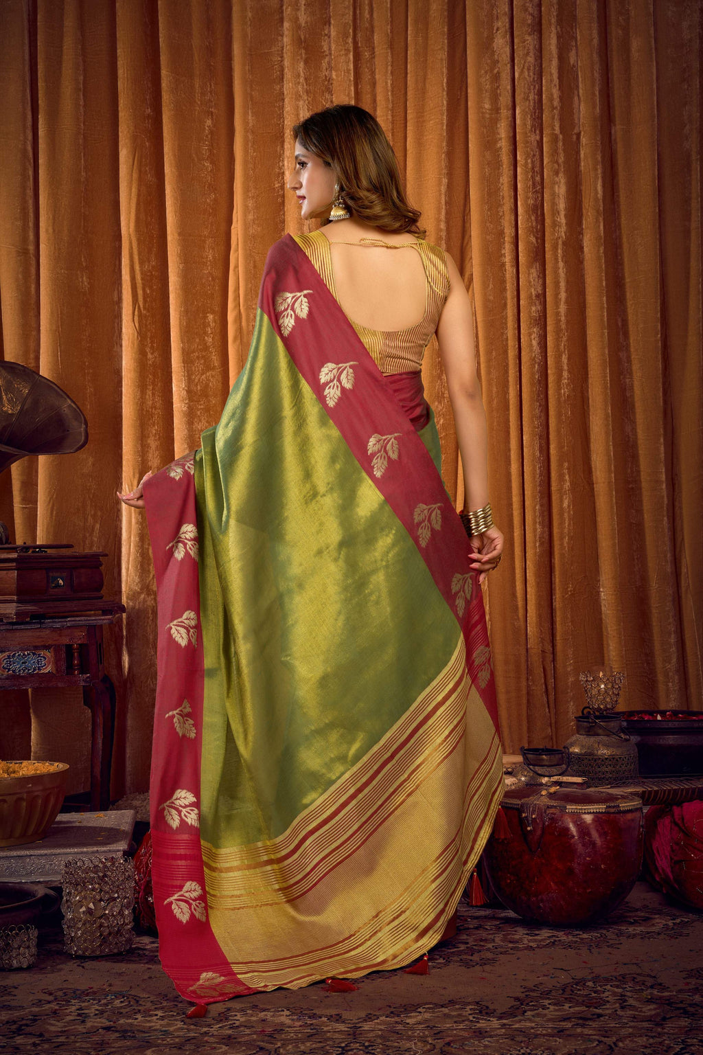 Green Soft Tissue Zari Woven Saree with Matching Blouse Piece