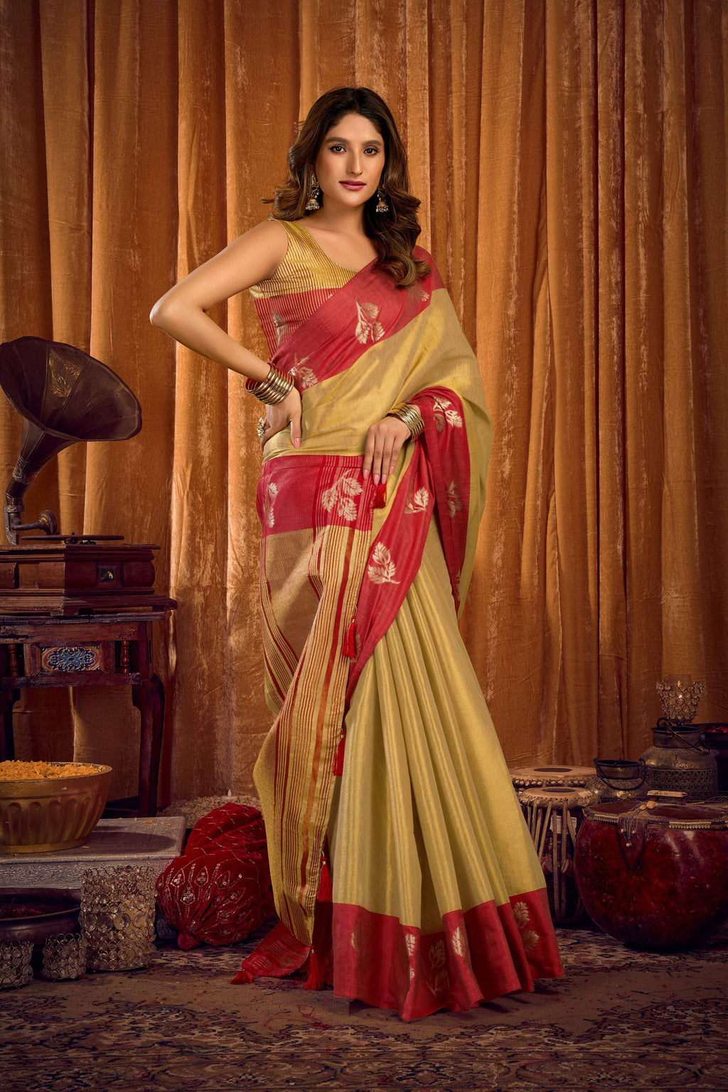 Pista Green Soft Tissue Saree with Zari Woven Detail and Blouse