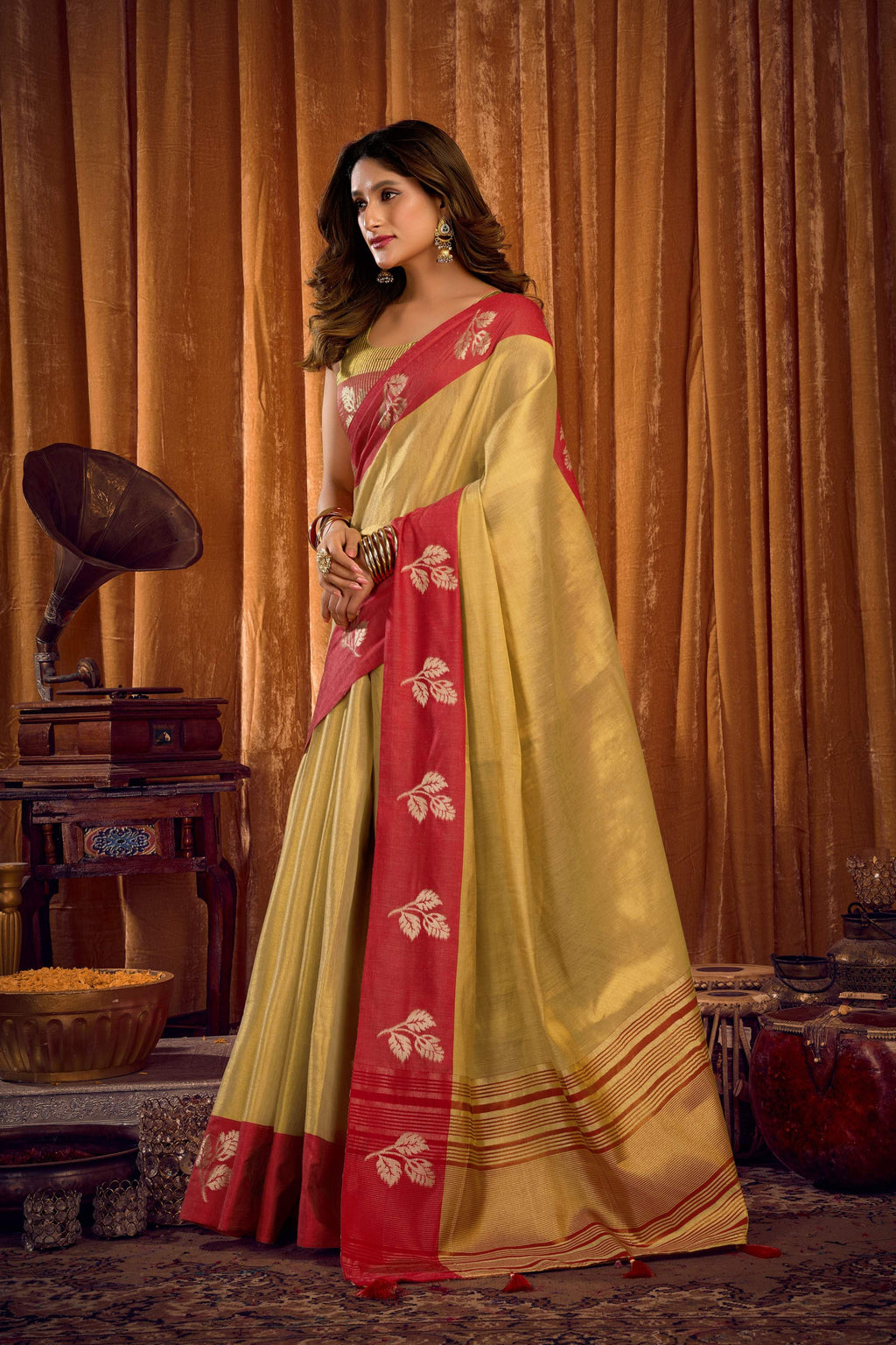 Pista Green Soft Tissue Saree with Zari Woven Detail and Blouse