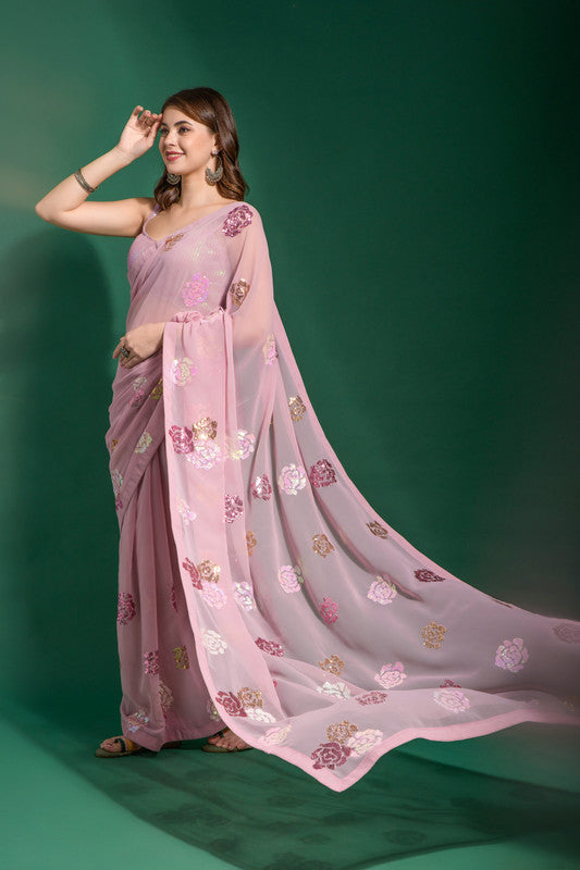 Women's Pink Georgette Saree with Sequence Work and Blouse