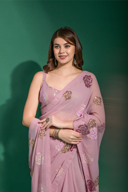 Women's Pink Georgette Saree with Sequence Work and Blouse