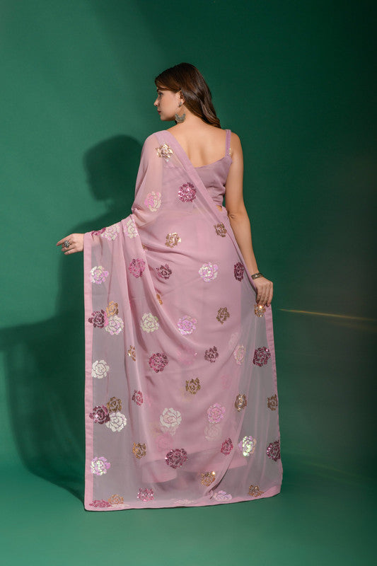 Women's Pink Georgette Saree with Sequence Work and Blouse