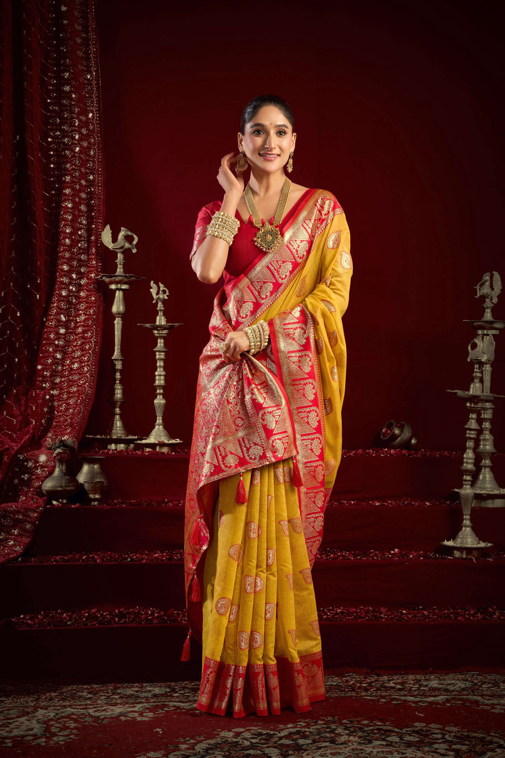 Yellow Modal Banarasi Zari Woven Saree with Blouse