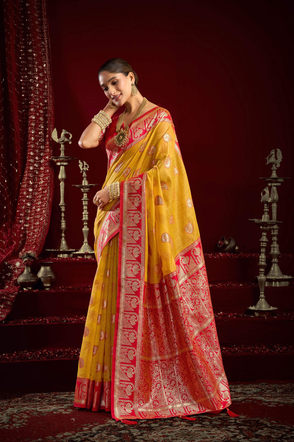 Yellow Modal Banarasi Zari Woven Saree with Blouse