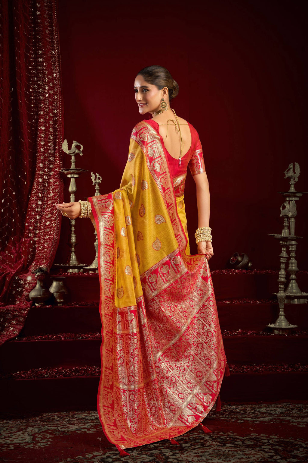 Yellow Modal Banarasi Zari Woven Saree with Blouse