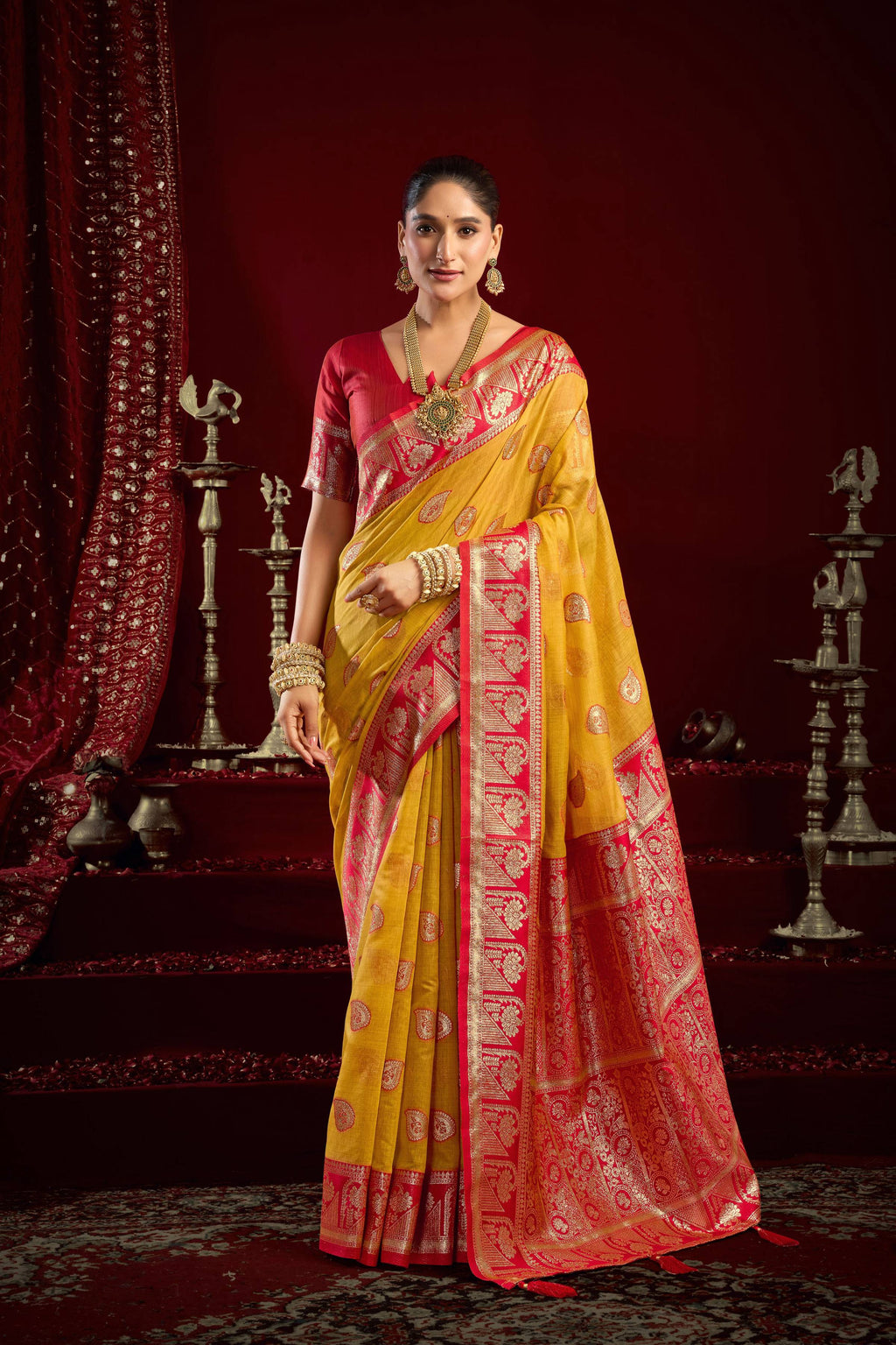Yellow Modal Banarasi saree with Zari woven patterns and Jhalar