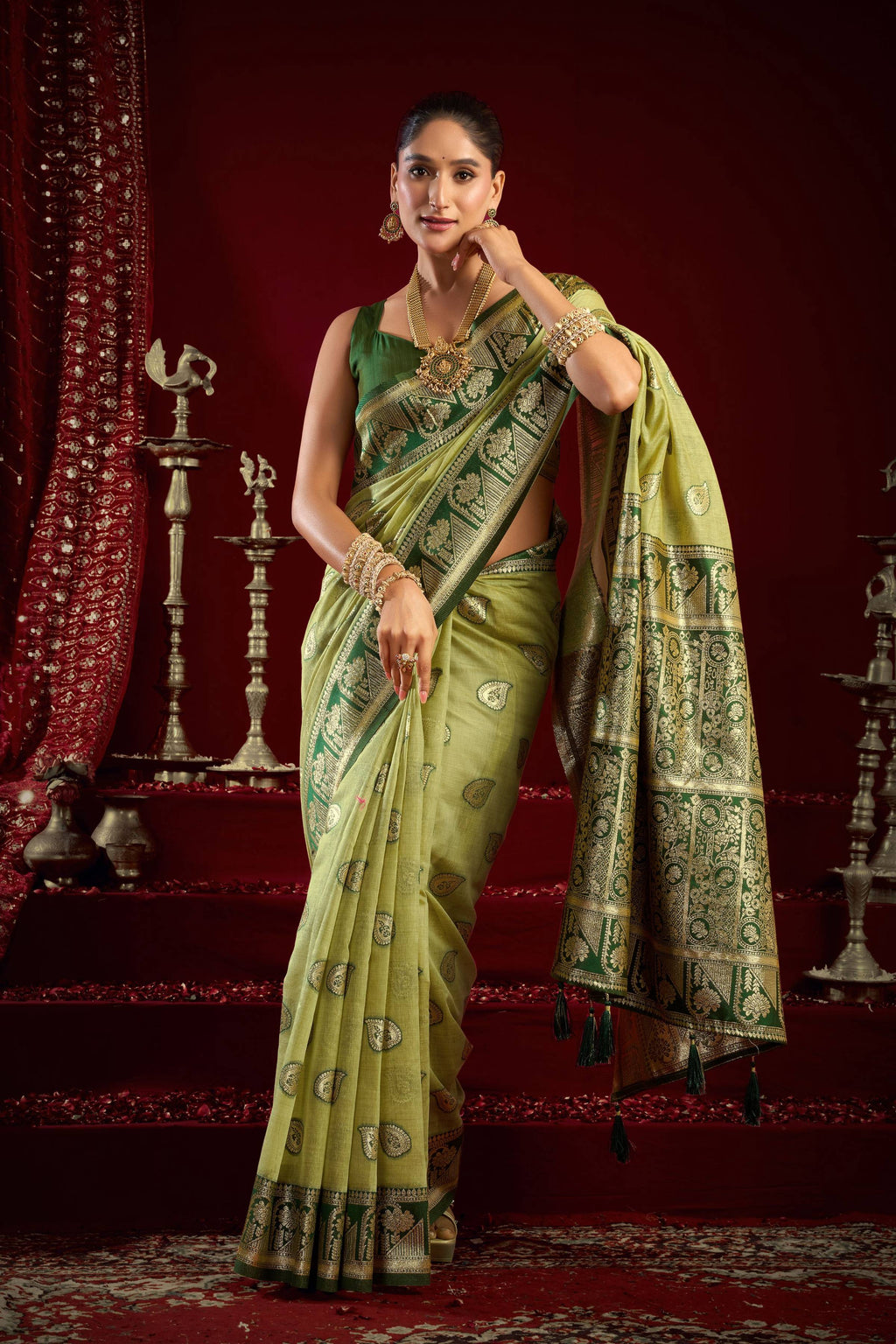 Pista Green Modal Banarasi Saree with Zari Woven Border