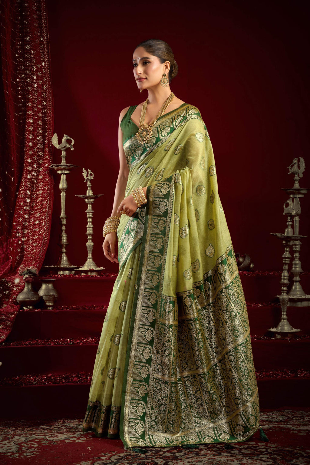 Pista Green Modal Banarasi Saree with Zari Woven Border