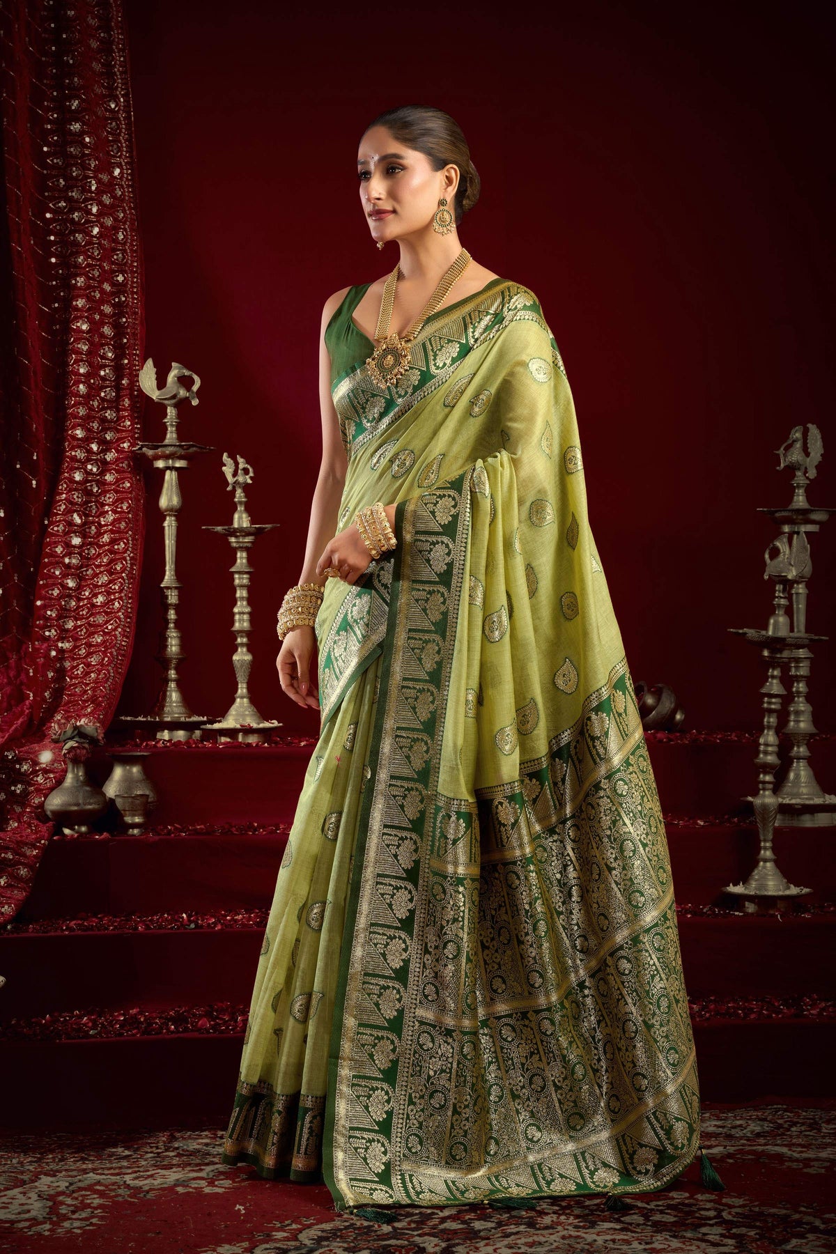 Pista Green Modal Banarasi Saree with Zari Woven Border