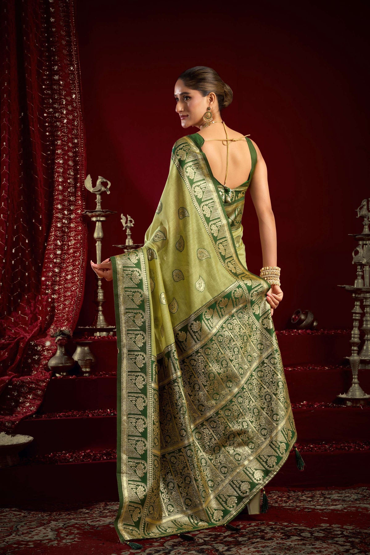 Pista Green Modal Banarasi Saree with Zari Woven Border