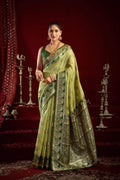 Pista Green Modal Banarasi saree with Zari woven border and Jhalar