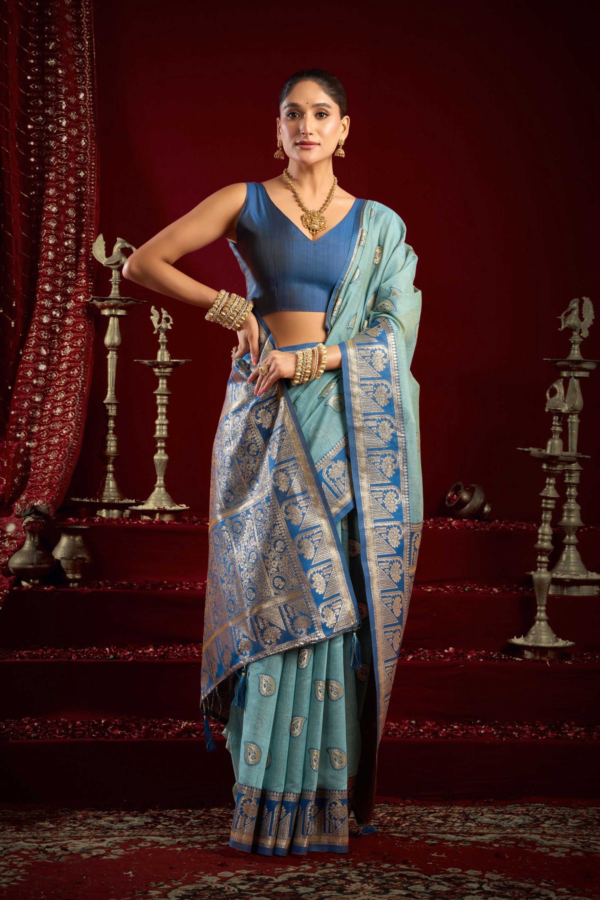Sky Blue Modal Banarasi Zari Woven Saree with Matching Blouse