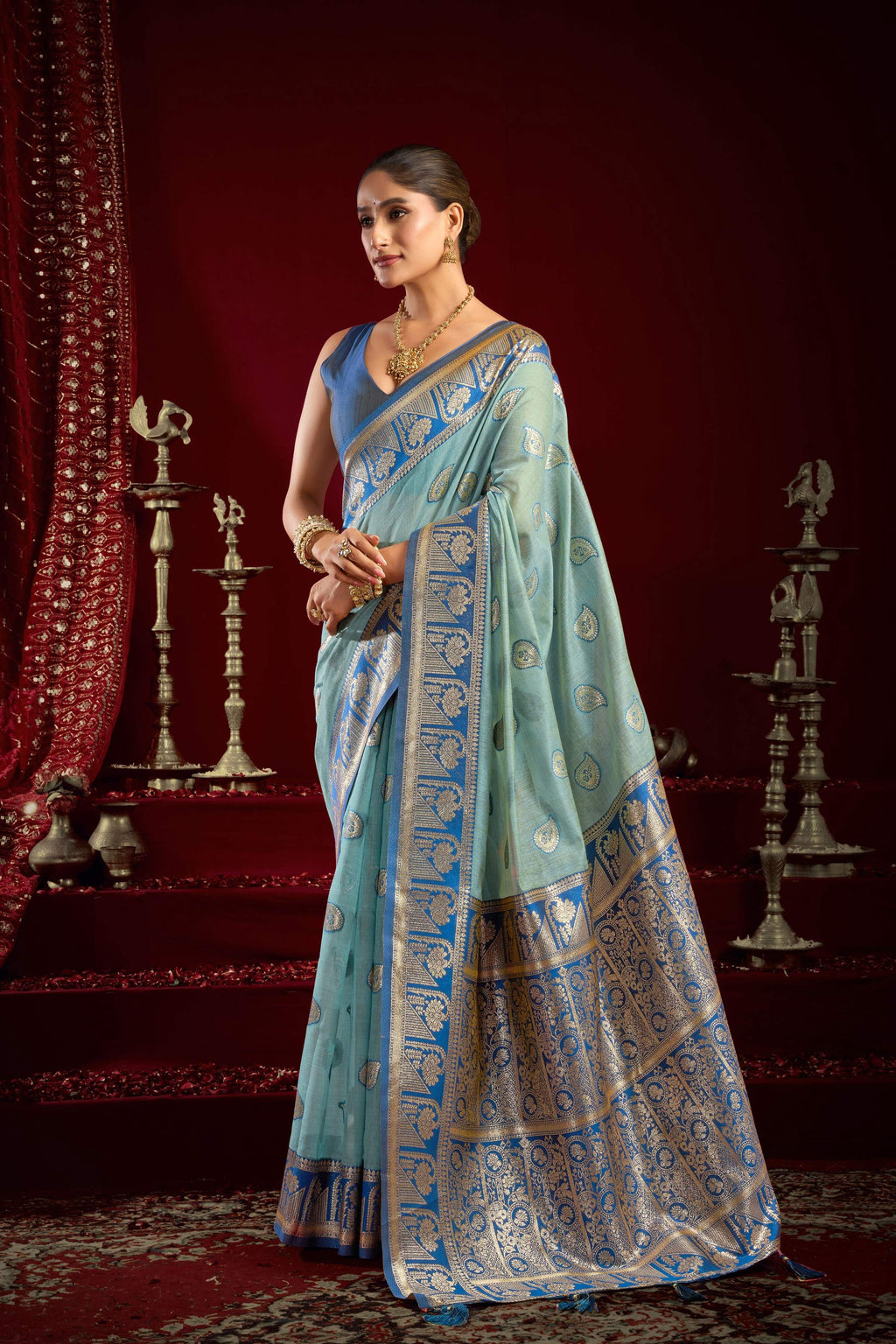Sky Blue Modal Banarasi Zari Woven Saree with Matching Blouse